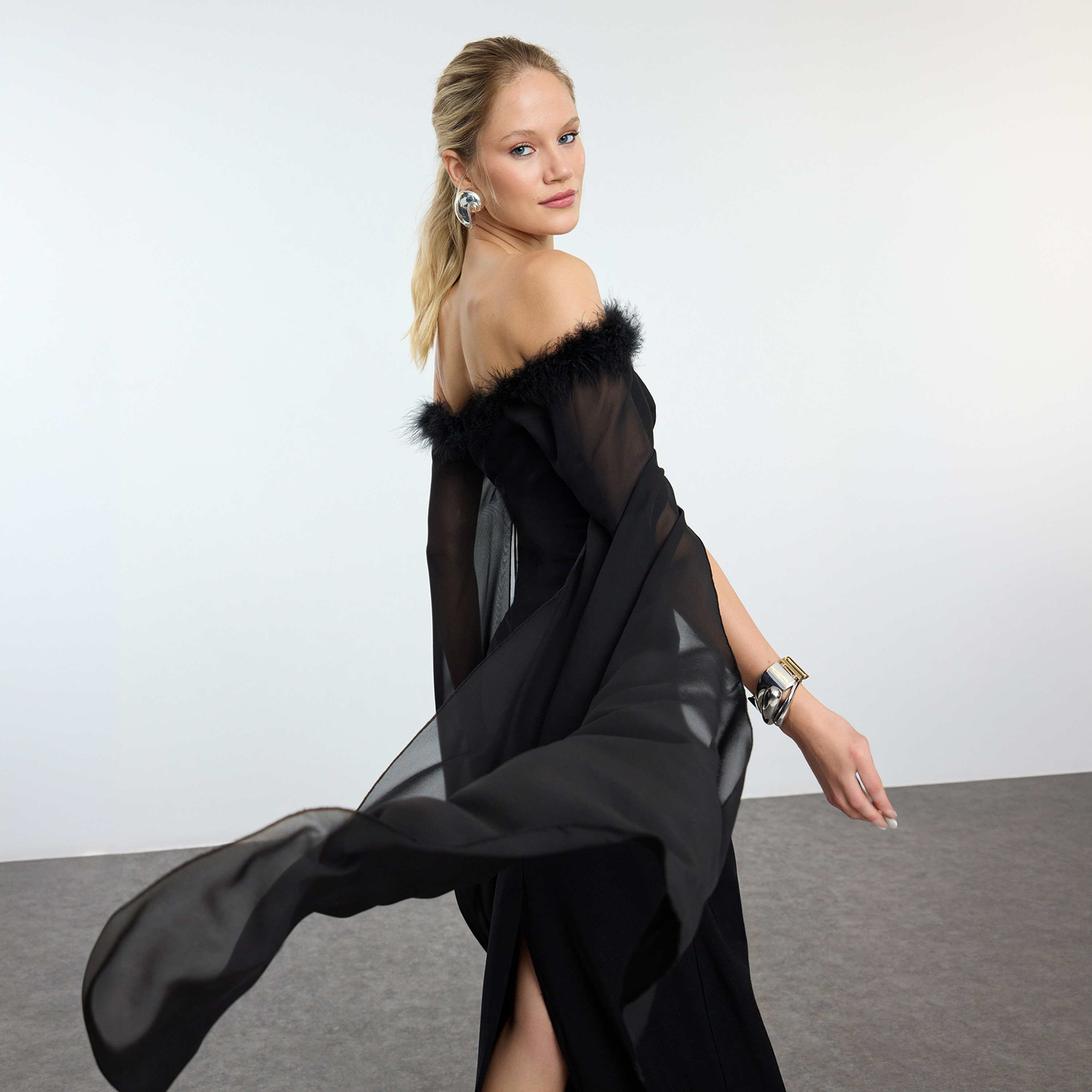 Black Fur-Trim Off-Shoulder Sheer Cape Sleeves Column Evening Women's Maxi Dress-women-clothing-dresses-image-5