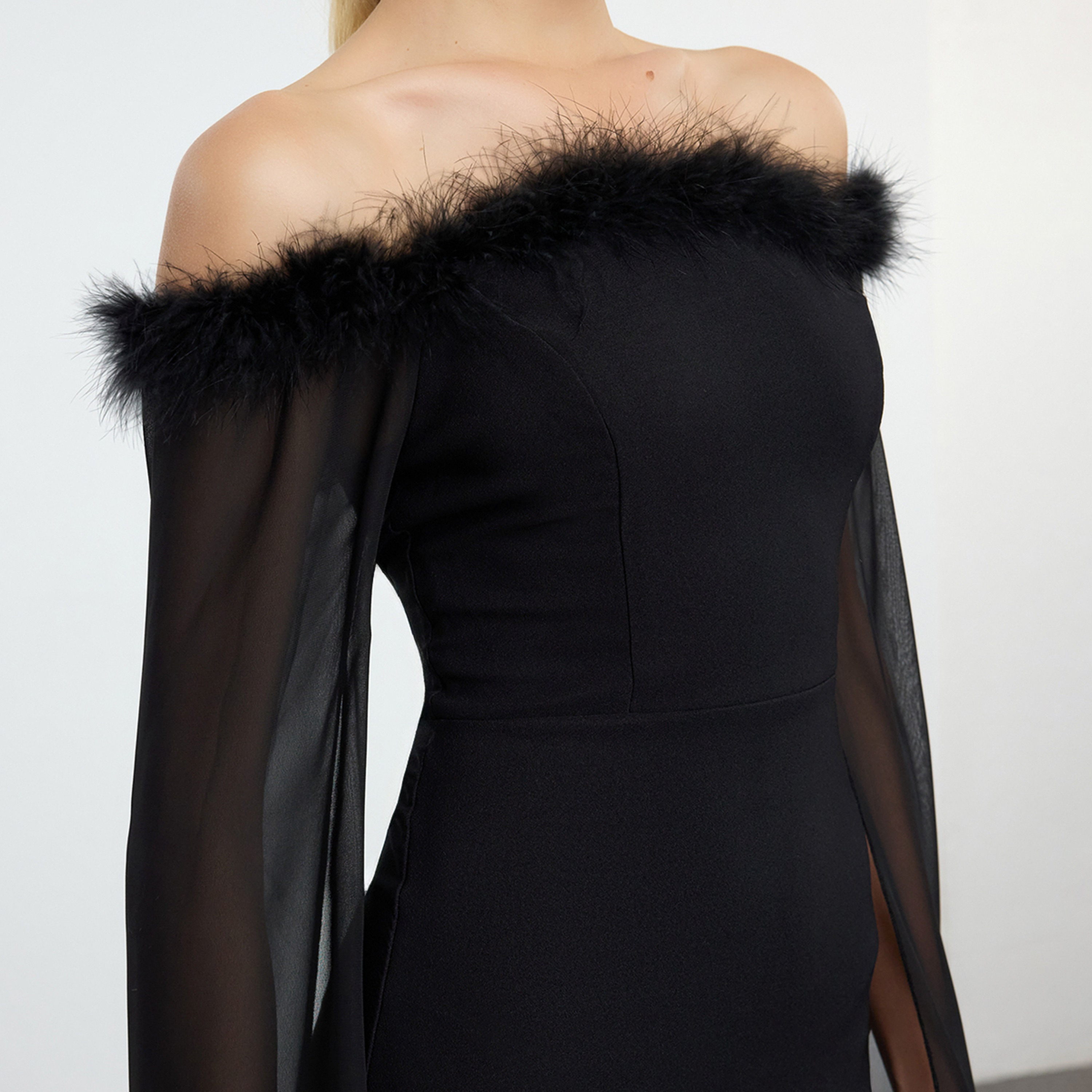 Black Fur-Trim Off-Shoulder Sheer Cape Sleeves Column Evening Women's Maxi Dress-women-clothing-dresses-image-6