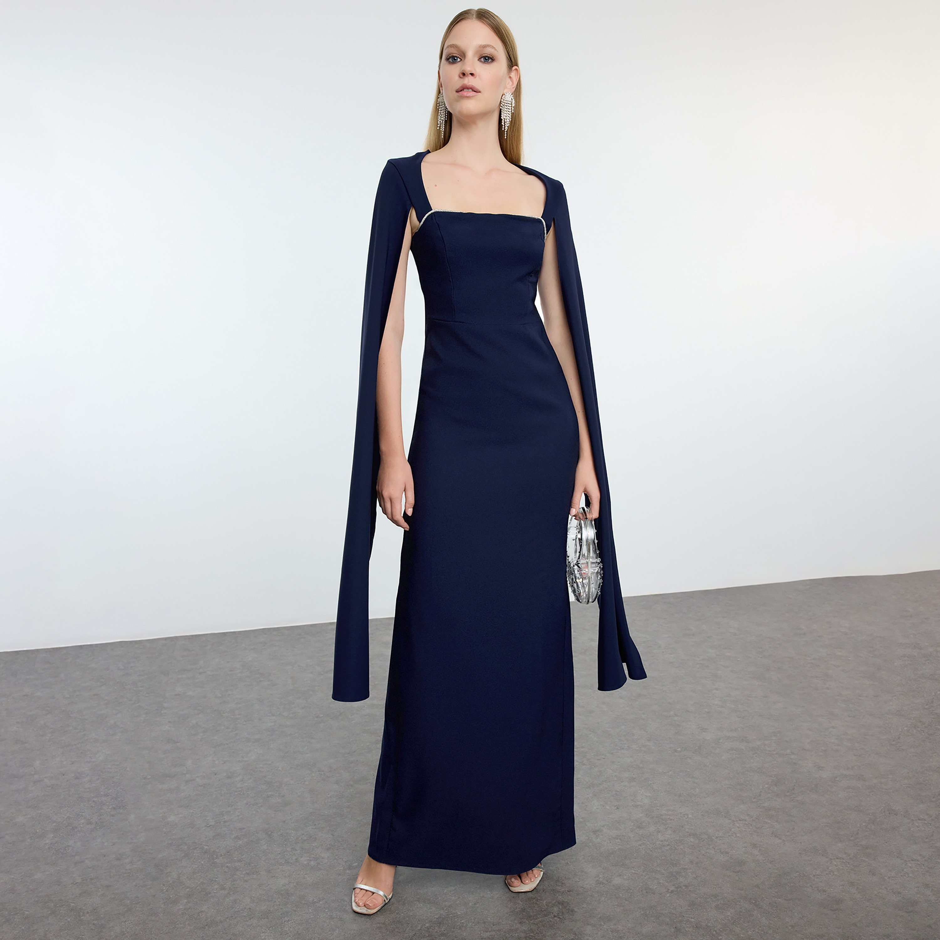 Blue Square Neck Cape Sleeves Column Evening Women's Maxi Dress-women-clothing-dresses-image-1
