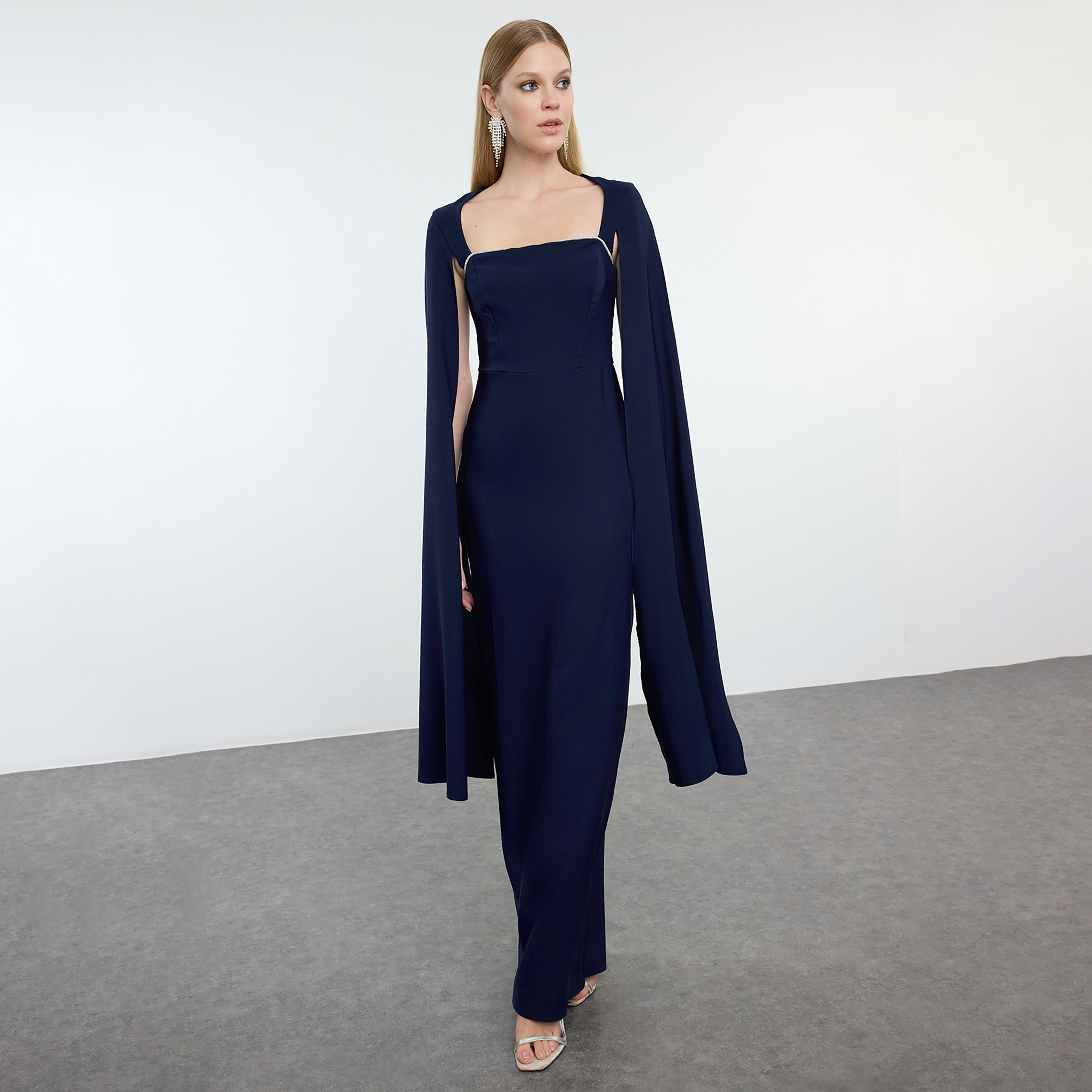 Blue Square Neck Cape Sleeves Column Evening Women's Maxi Dress-women-clothing-dresses-image-2