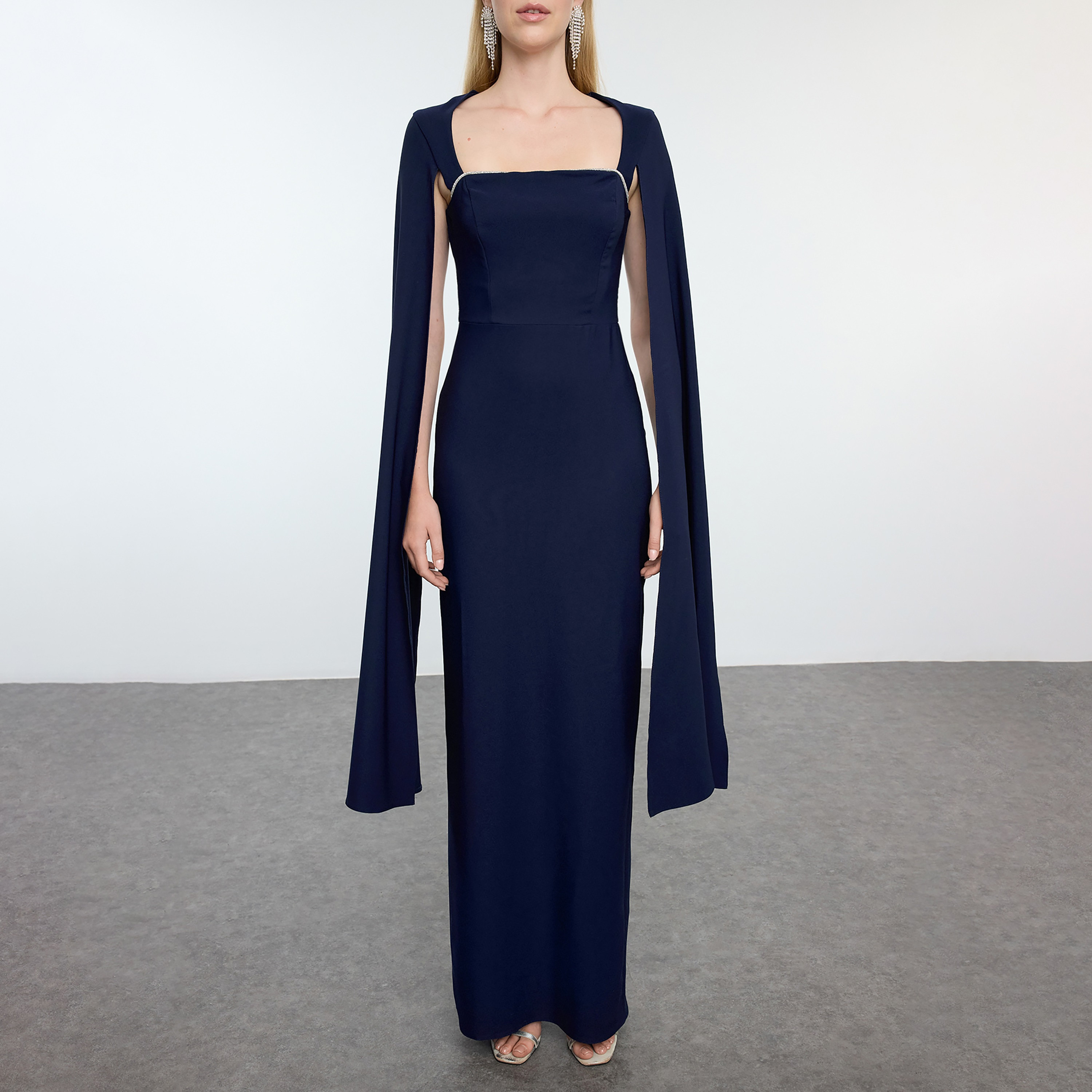 Blue Square Neck Cape Sleeves Column Evening Women's Maxi Dress-women-clothing-dresses-image-3