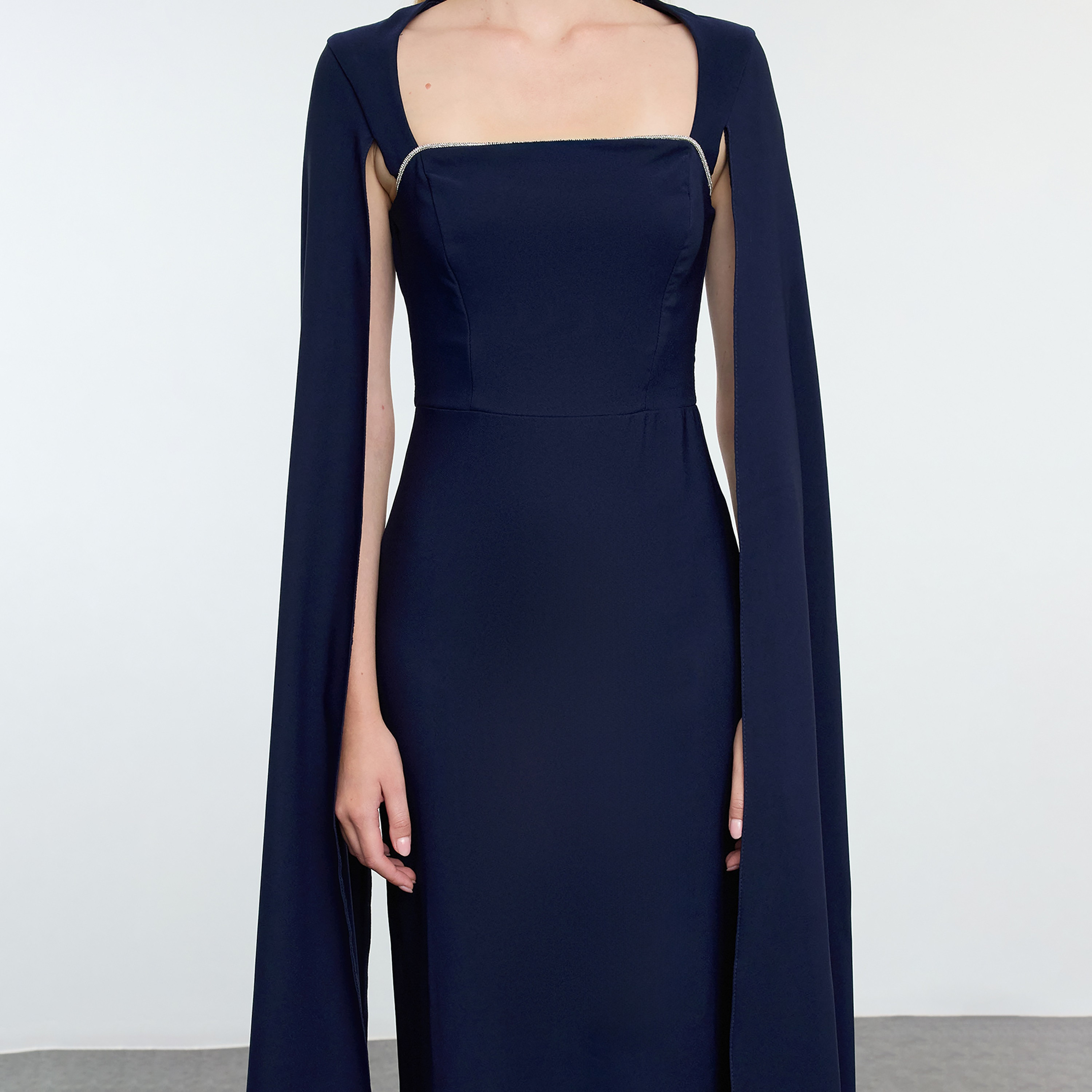 Blue Square Neck Cape Sleeves Column Evening Women's Maxi Dress-women-clothing-dresses-image-4