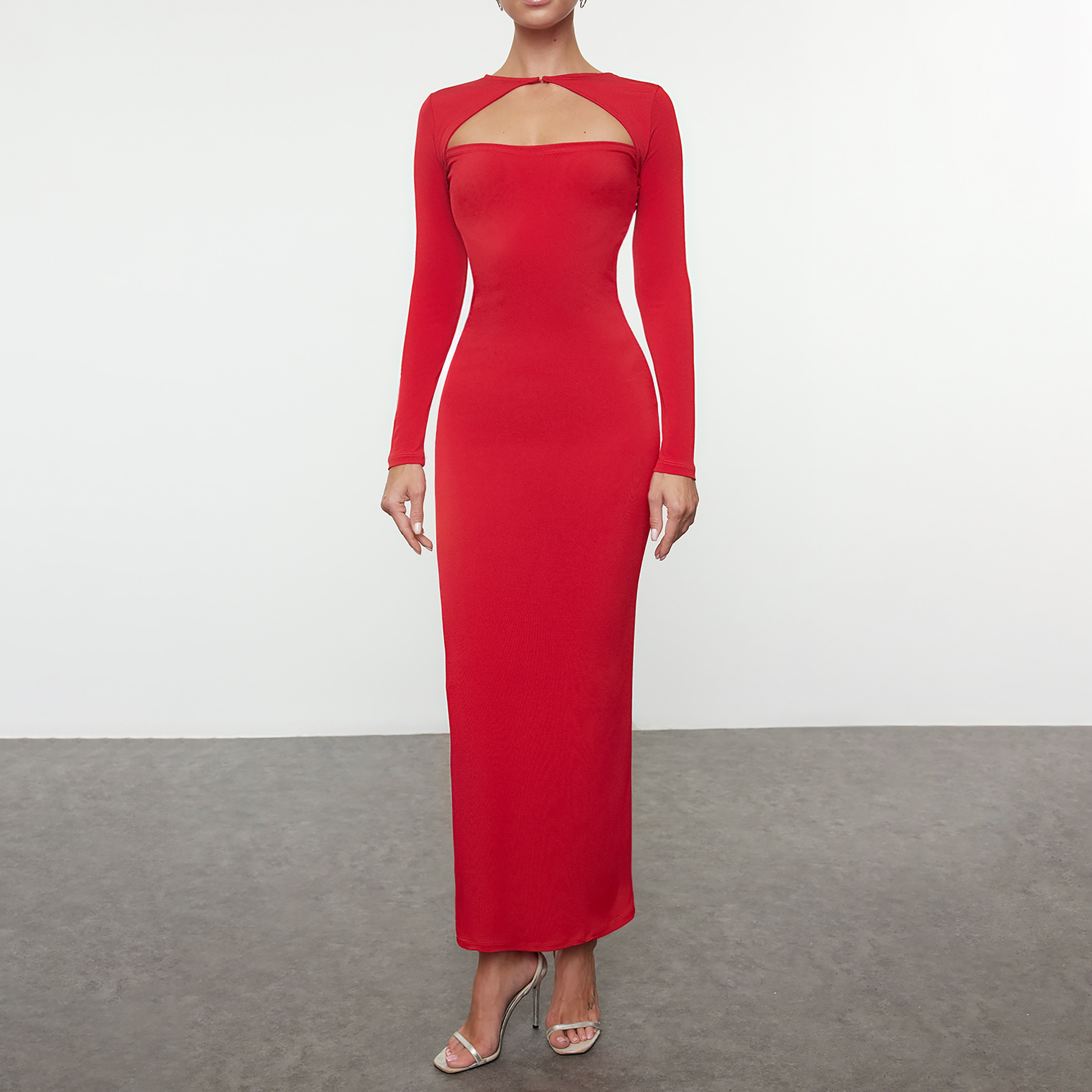 TRENDYOLMİLLA Red Fitted Sleeves Column Evening Women's Maxi Dress-women-clothing-dresses-image-3