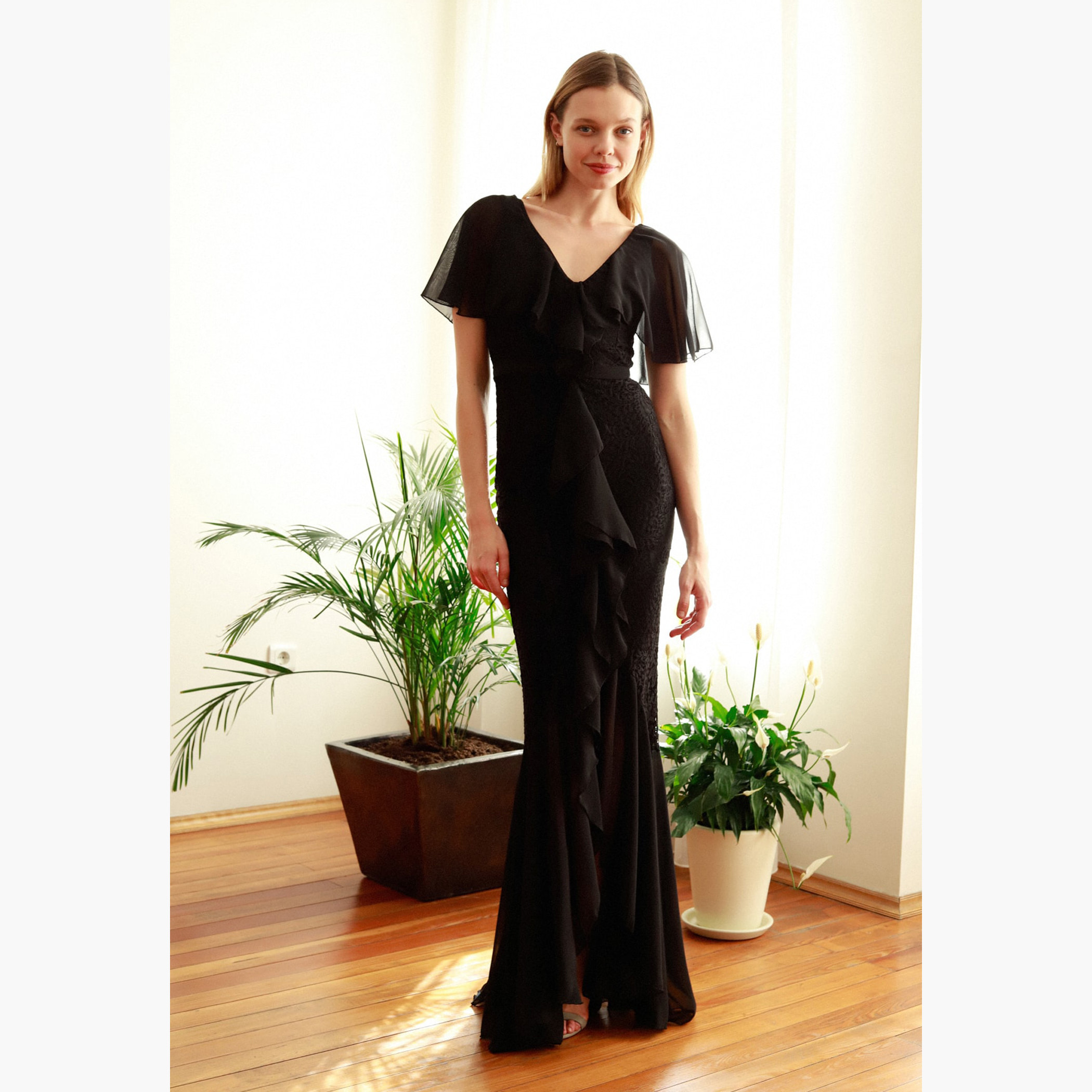 Trendyol Maxi Bodycon Dress with Short Cape Sleeves and High-Low Hem-women-clothing-dresses-image-3