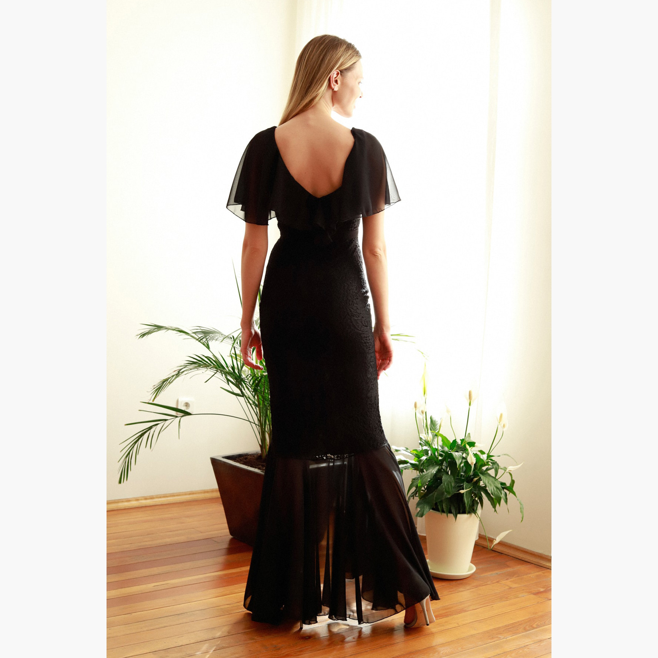 Trendyol Maxi Bodycon Dress with Short Cape Sleeves and High-Low Hem-women-clothing-dresses-image-5