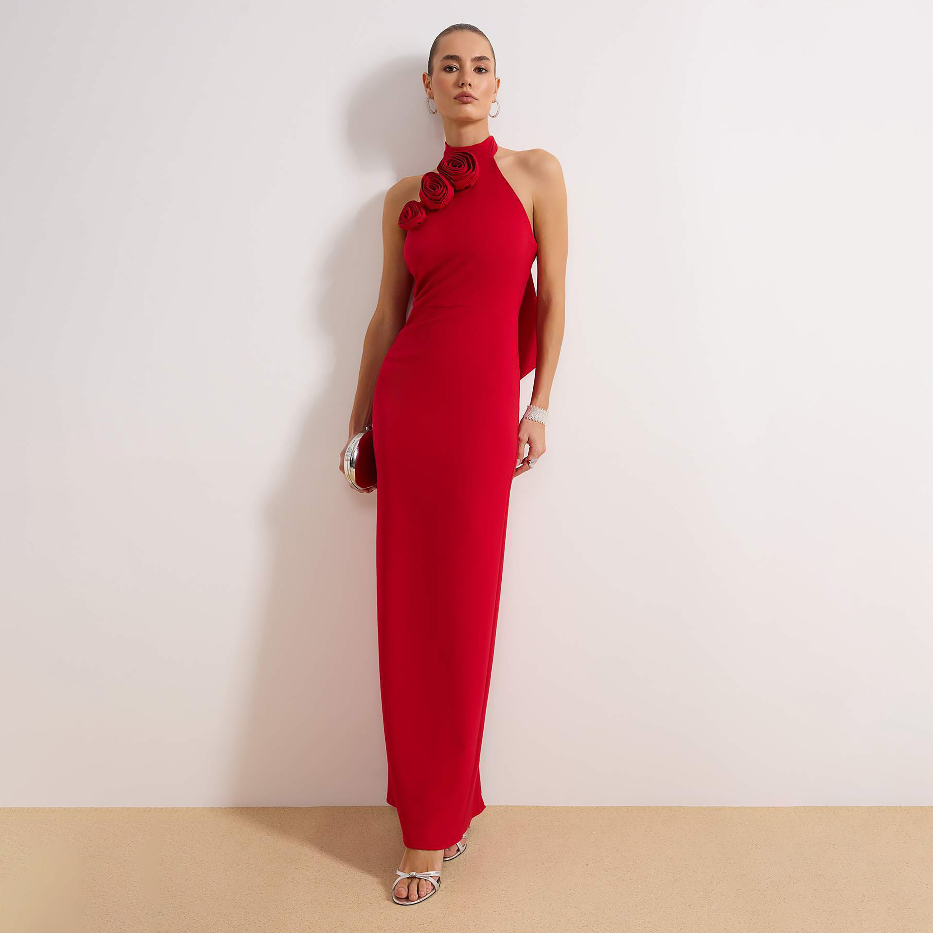 Rose Detailed Halter Neck Column Evening Women's Maxi Dress-women-clothing-dresses-image-3