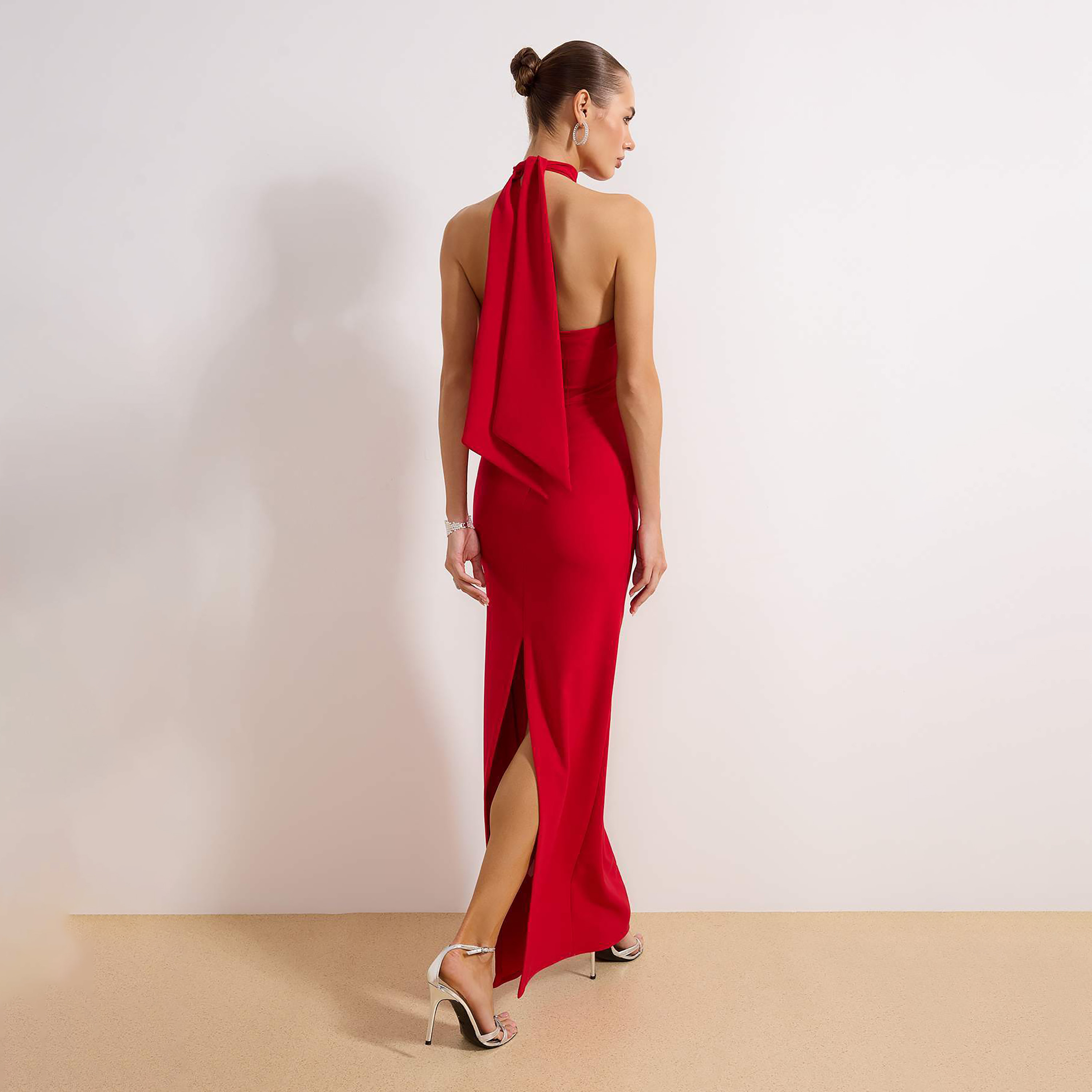 Rose Detailed Halter Neck Column Evening Women's Maxi Dress-women-clothing-dresses-image-5