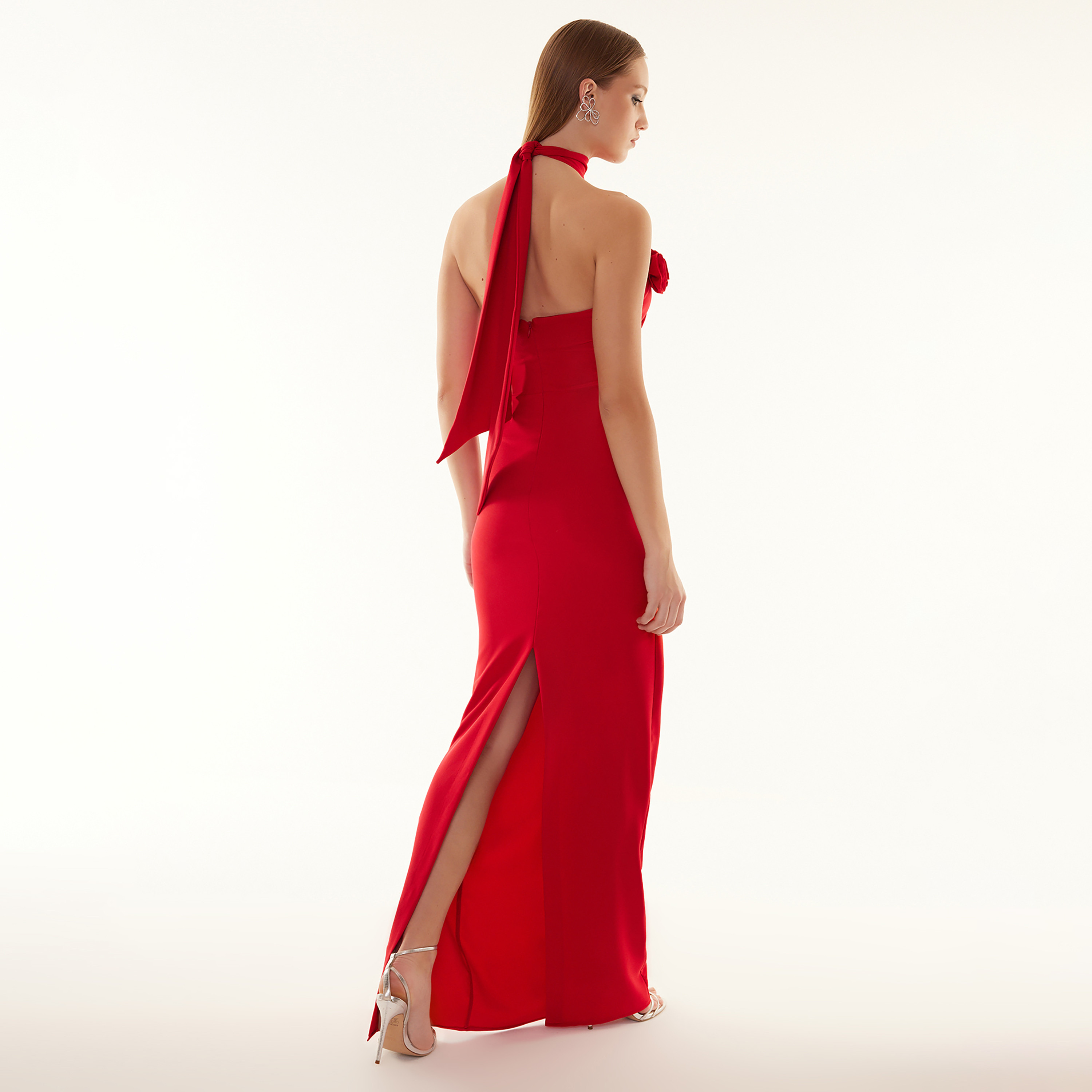 Rose Detailed Halter Neck Column Evening Women's Maxi Dress-women-clothing-dresses-image-6