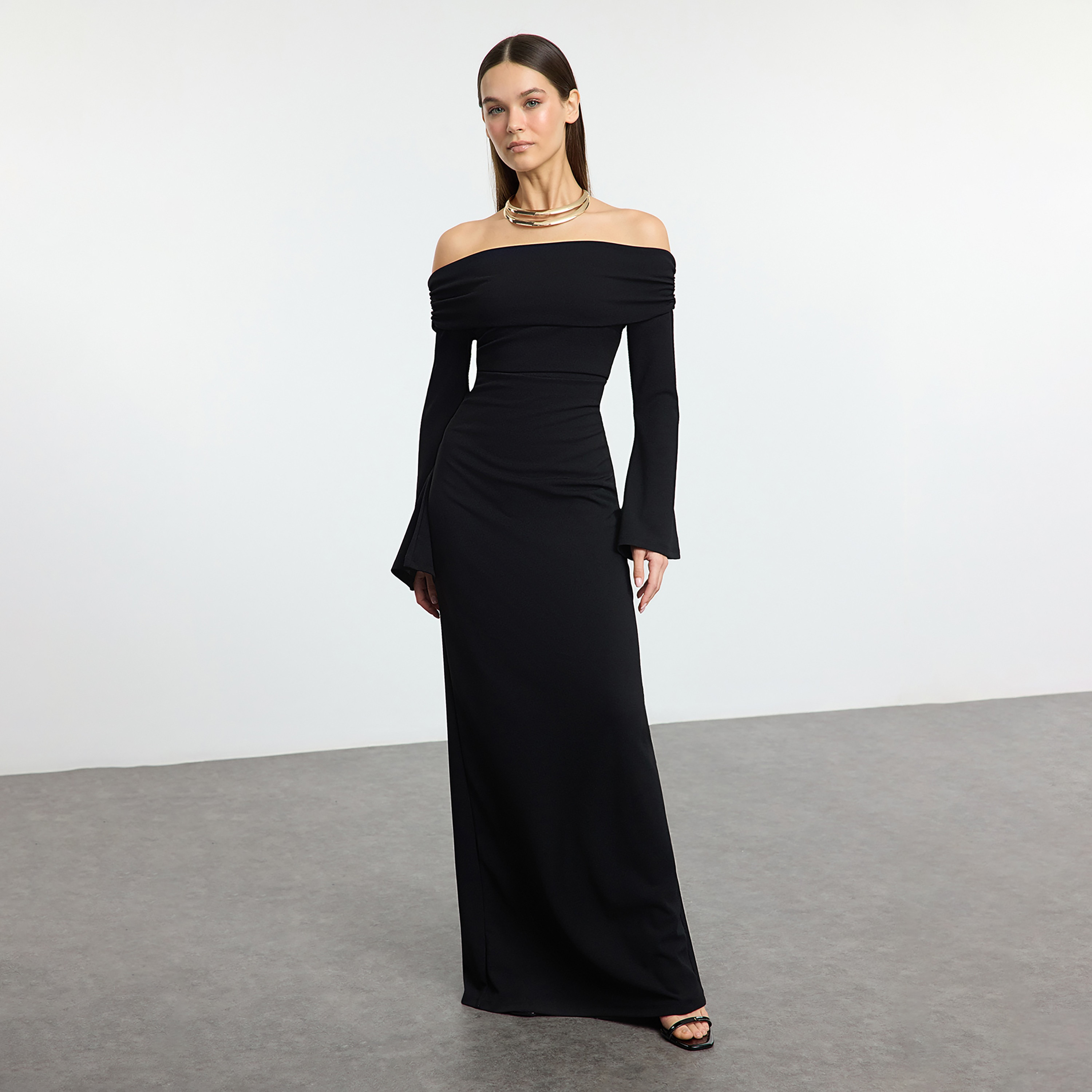 Black Off-Shoulder Bell Sleeves Column Evening Women's Maxi Dress-women-clothing-dresses-image-1