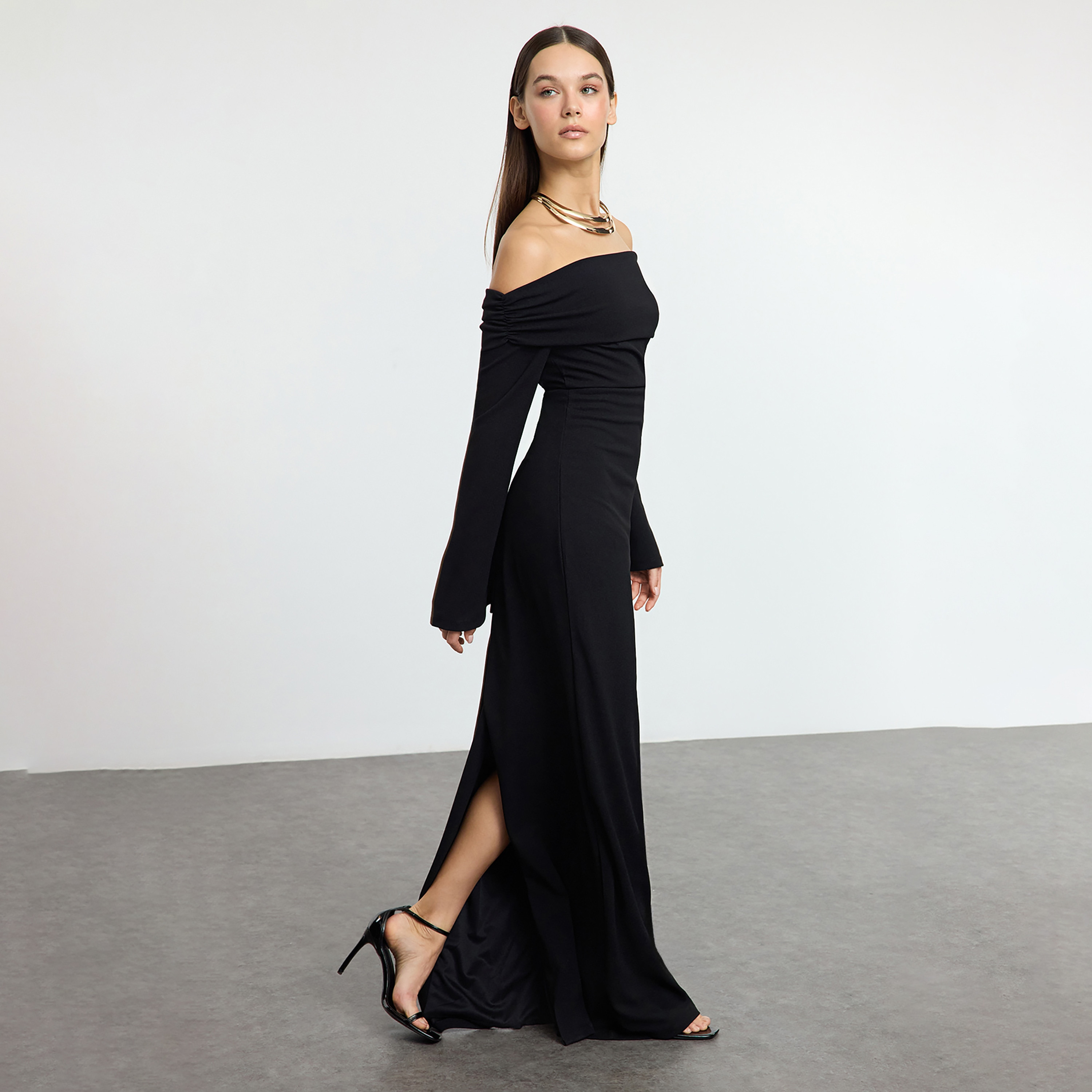 Black Off-Shoulder Bell Sleeves Column Evening Women's Maxi Dress-women-clothing-dresses-image-2