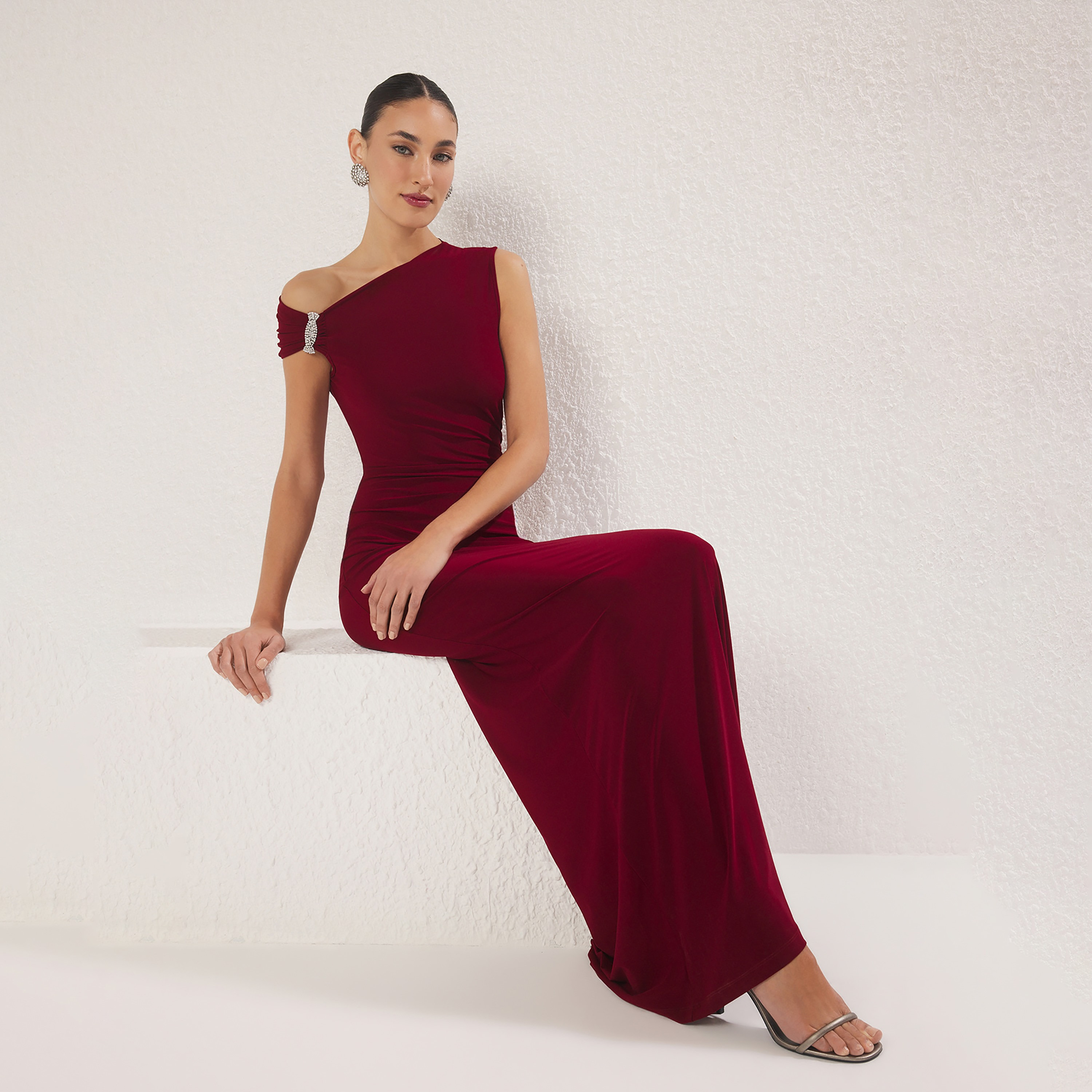 Red One-Shoulder Trumpet Evening Women's Maxi Dress-women-clothing-dresses-image-2