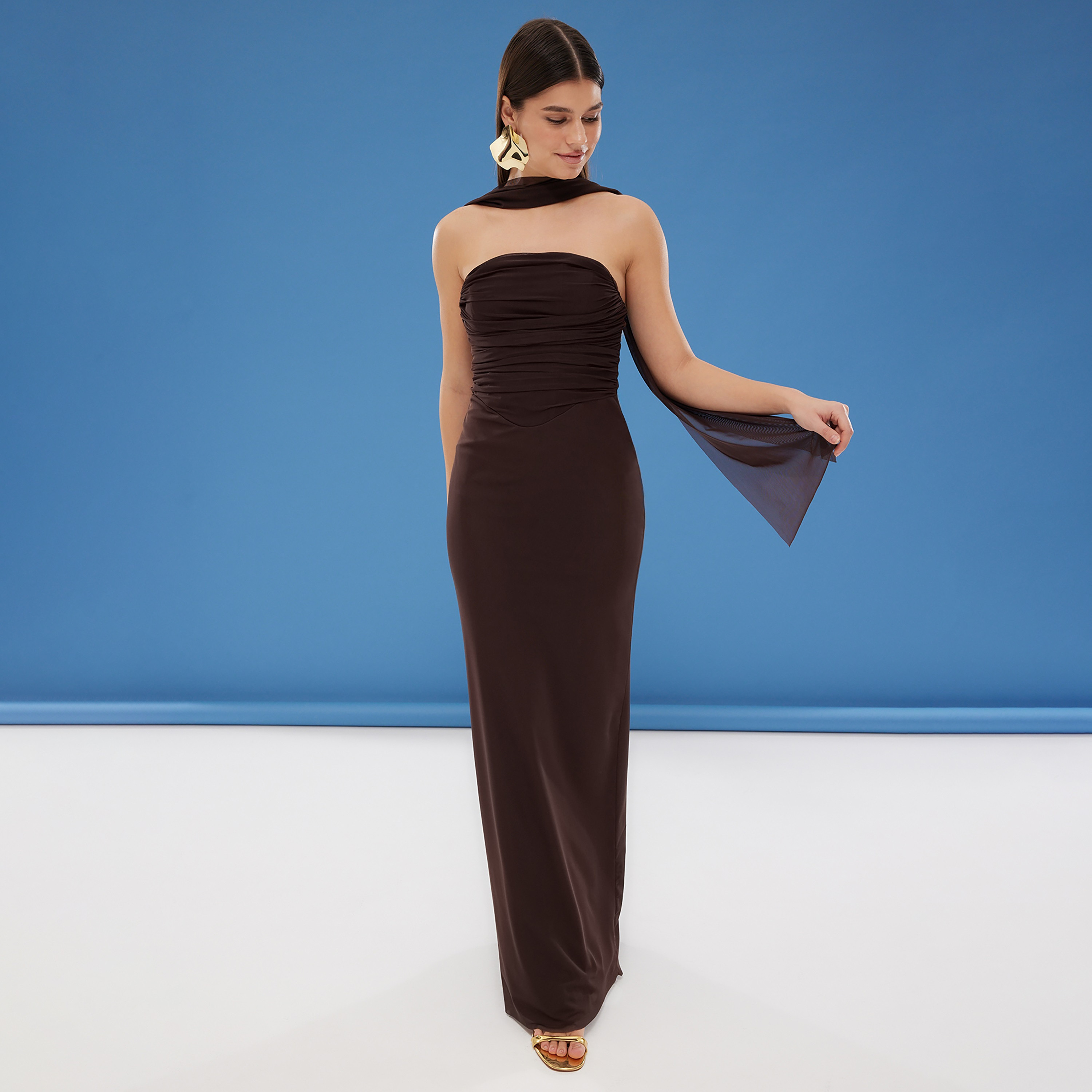 Brown Tulle Strapless Column Evening Women's Maxi Dress-women-clothing-dresses-image-1