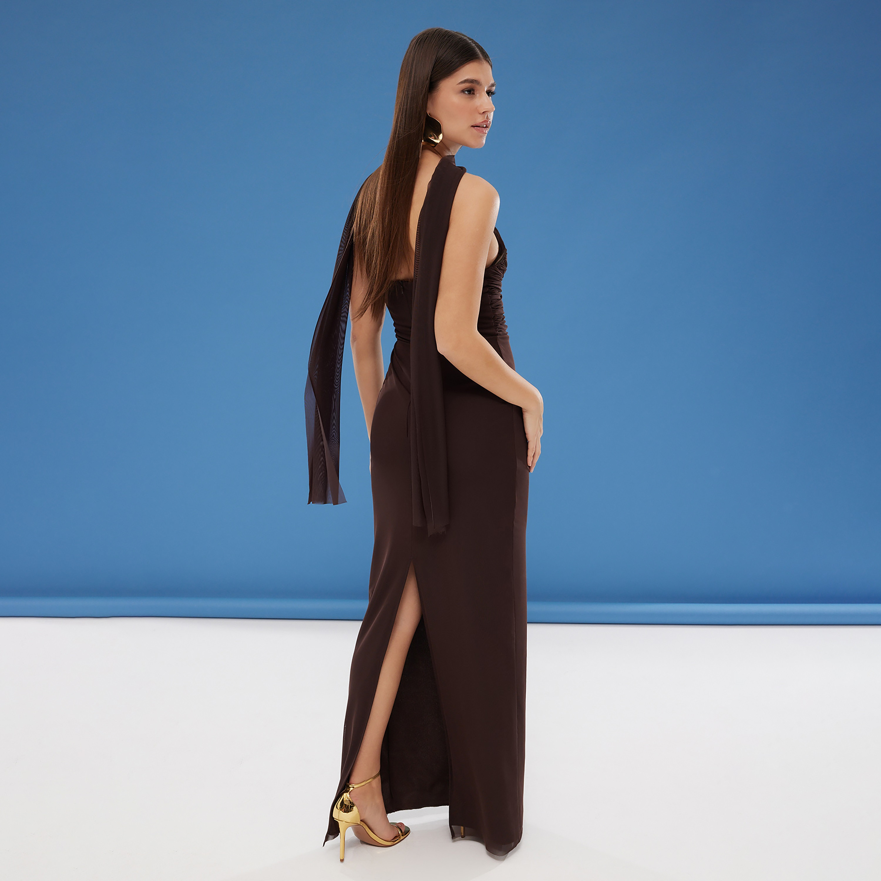 Brown Tulle Strapless Column Evening Women's Maxi Dress-women-clothing-dresses-image-2