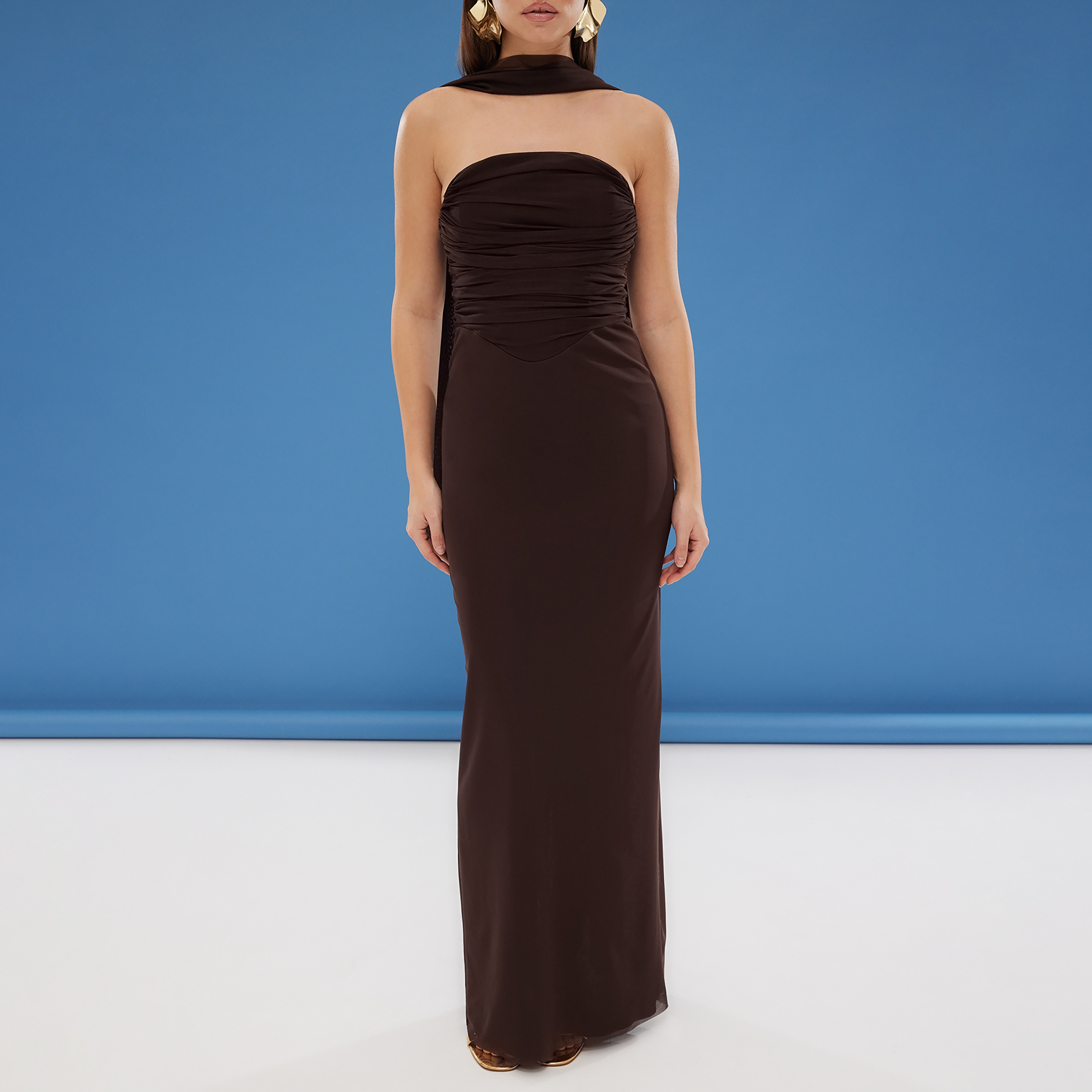 Brown Tulle Strapless Column Evening Women's Maxi Dress-women-clothing-dresses-image-3