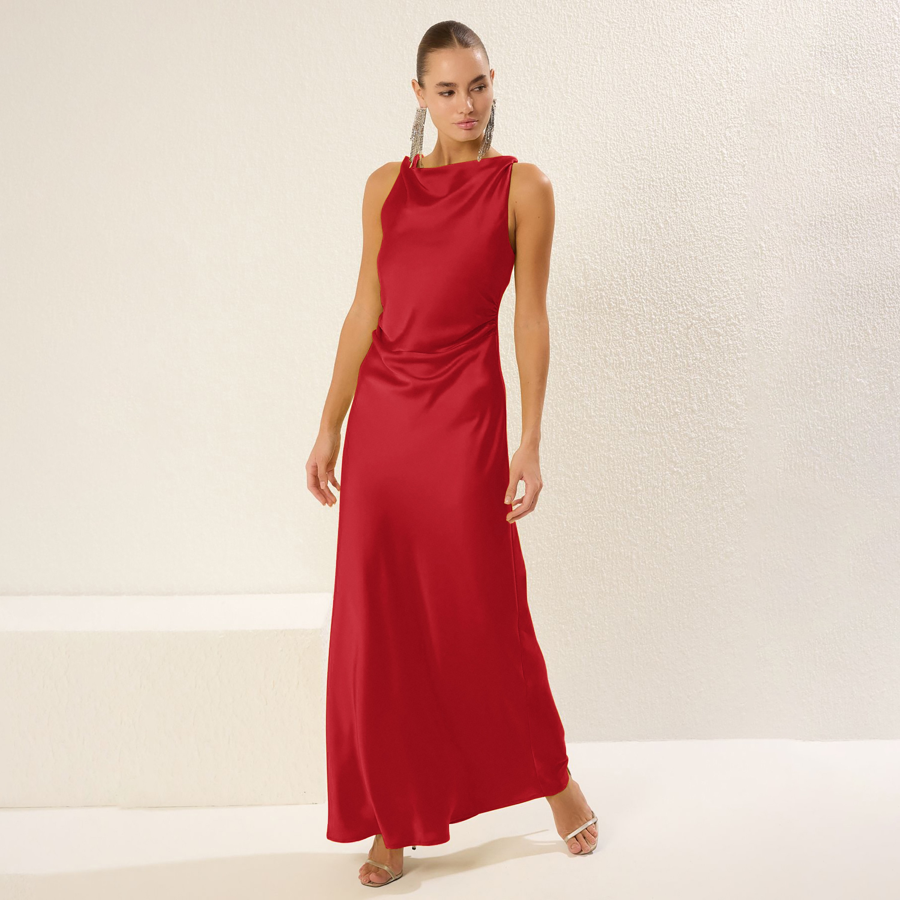 Red Satin Cowl Neck Column Evening Women's Maxi Dress-women-clothing-dresses-image-1