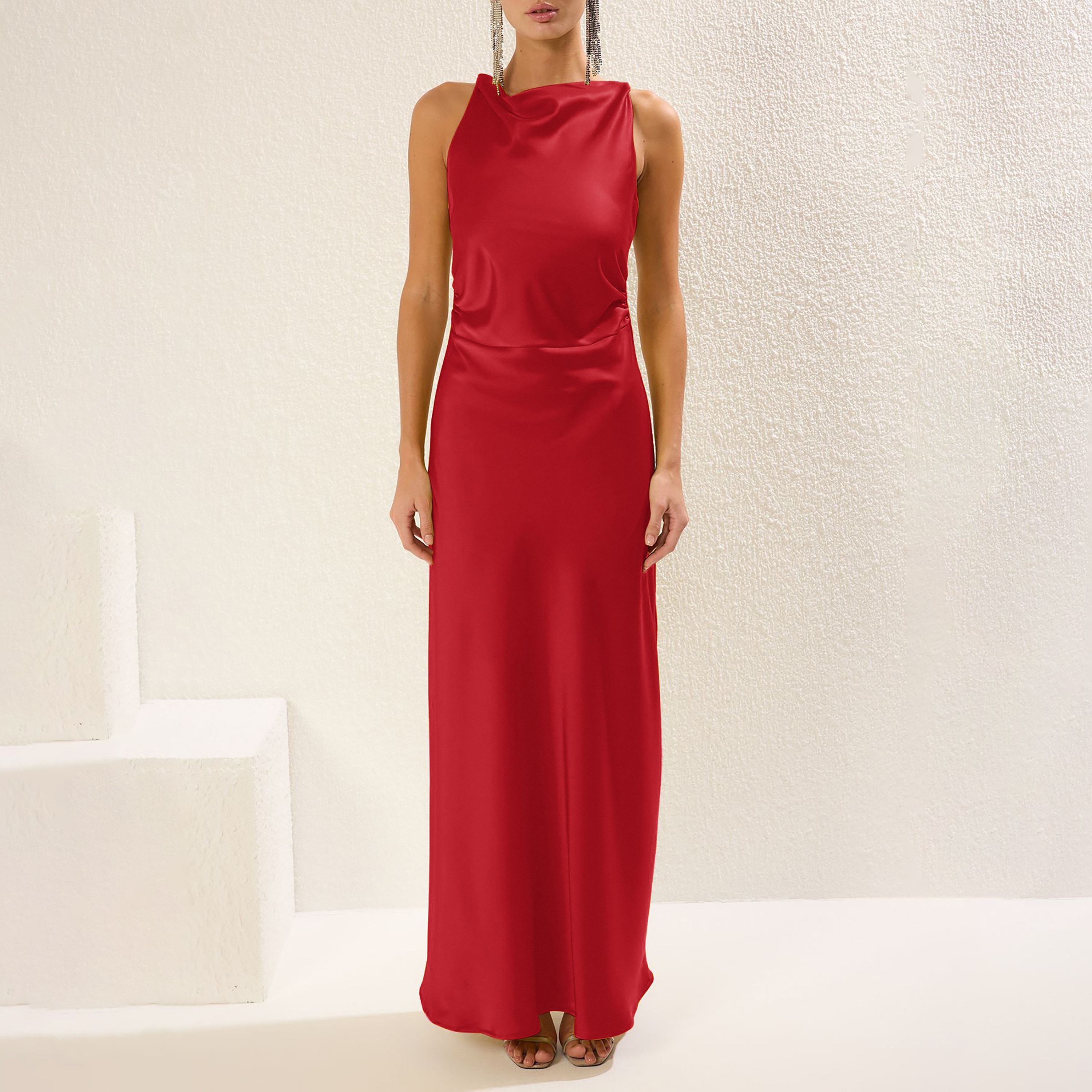 Red Satin Cowl Neck Column Evening Women's Maxi Dress-women-clothing-dresses-image-3