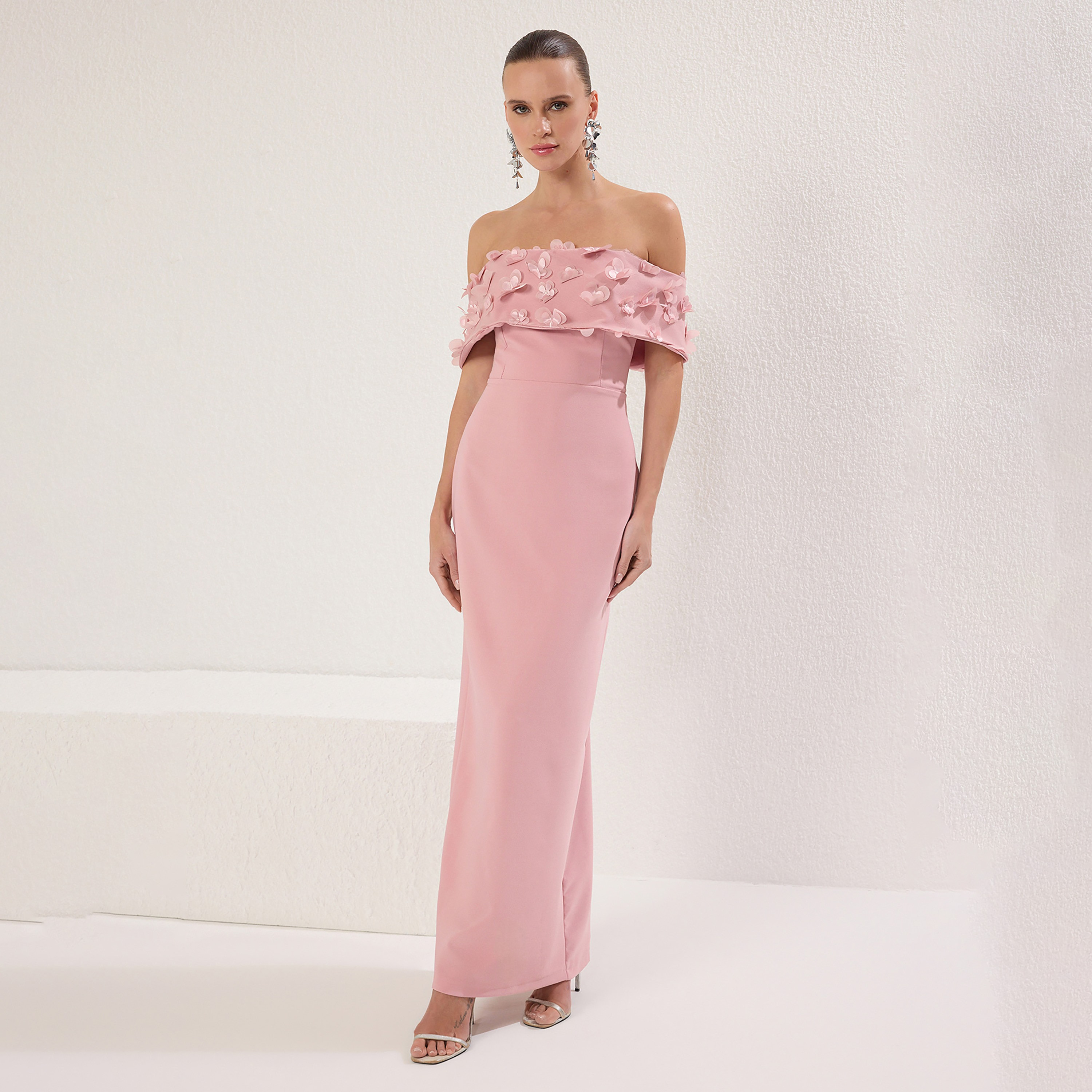 Pink Applique Floral Off-Shoulder Column Evening Women's Maxi Dress-women-clothing-dresses-image-1