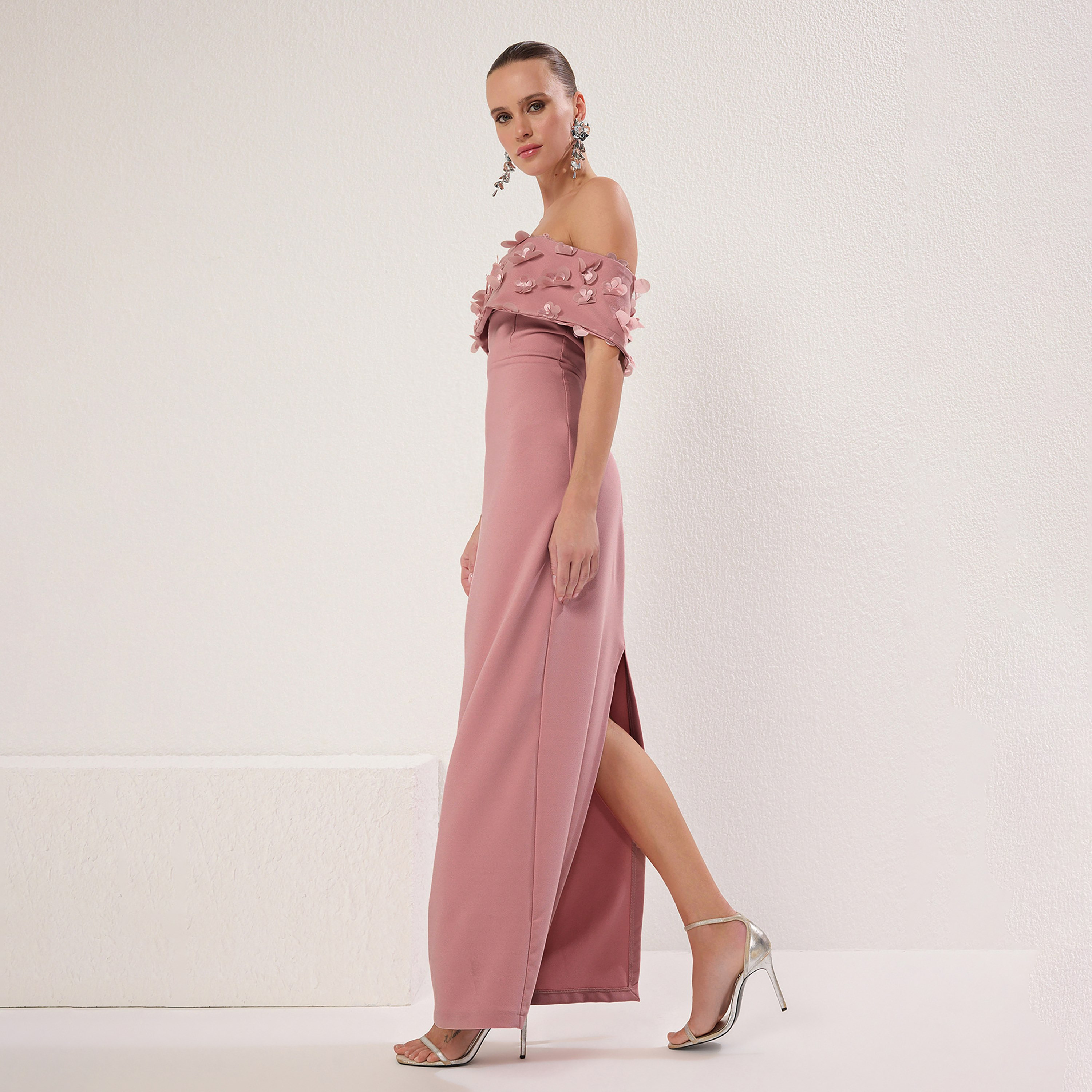Pink Applique Floral Off-Shoulder Column Evening Women's Maxi Dress-women-clothing-dresses-image-5
