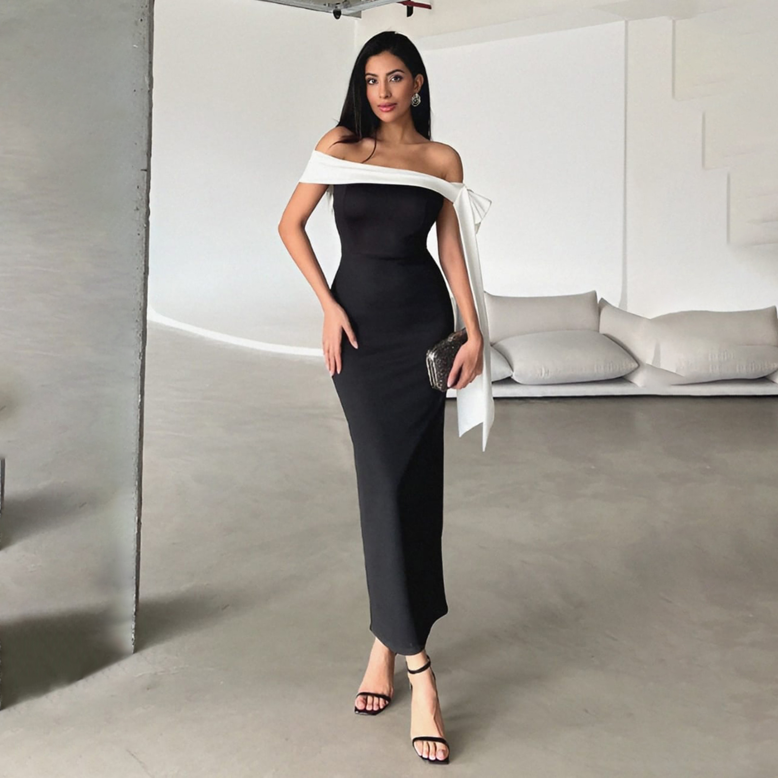 Black Contrast Trim Off-Shoulder Bodycon Evening Women's Maxi Dress-women-clothing-dresses-image-2