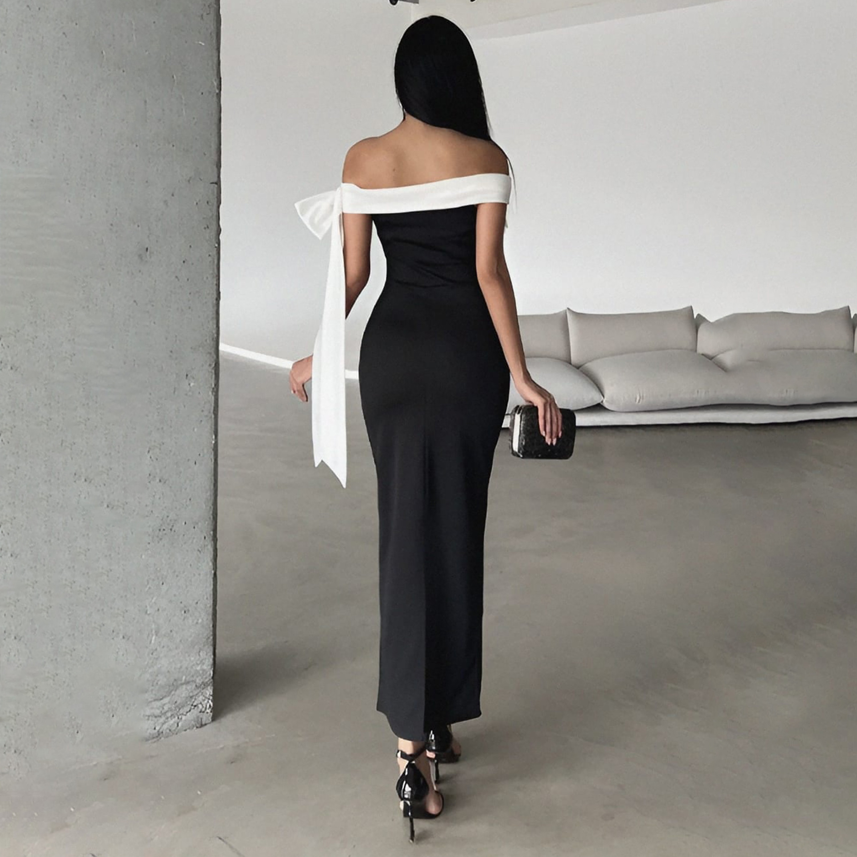 Black Contrast Trim Off-Shoulder Bodycon Evening Women's Maxi Dress-women-clothing-dresses-image-3