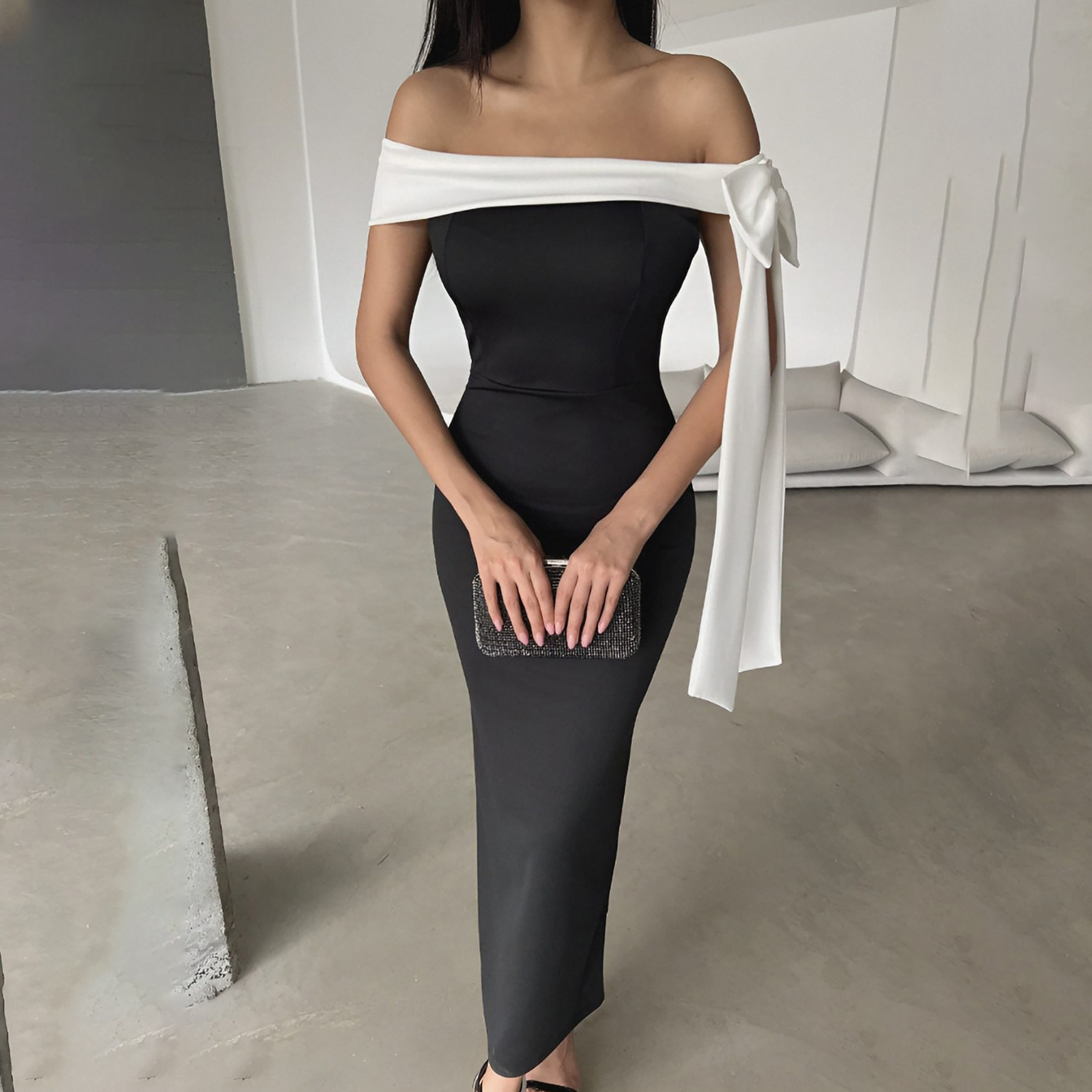 Black Contrast Trim Off-Shoulder Bodycon Evening Women's Maxi Dress-women-clothing-dresses-image-4