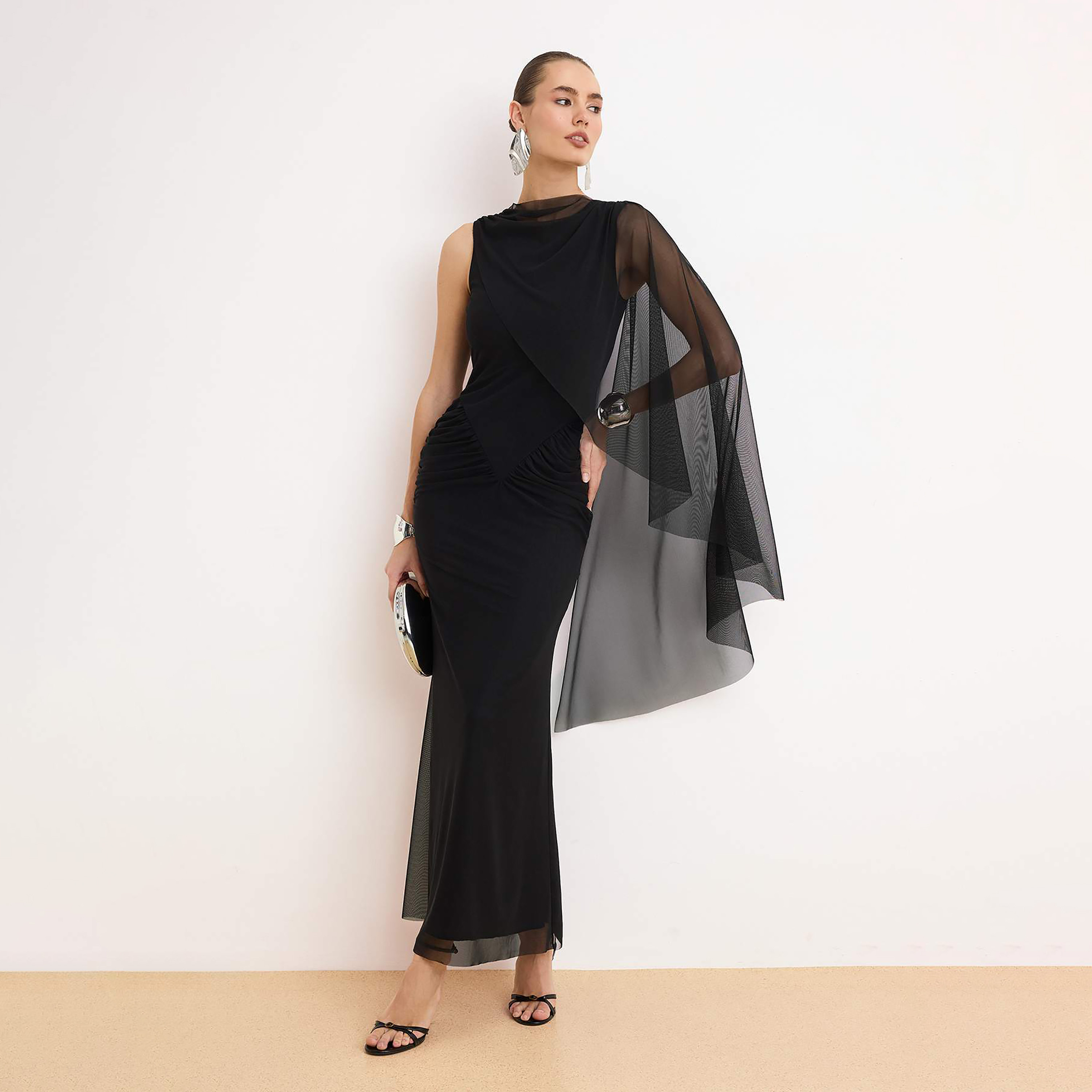 Ruched Tulle Sheer Cape Column Evening Women's Maxi Dress-women-clothing-dresses-image-1