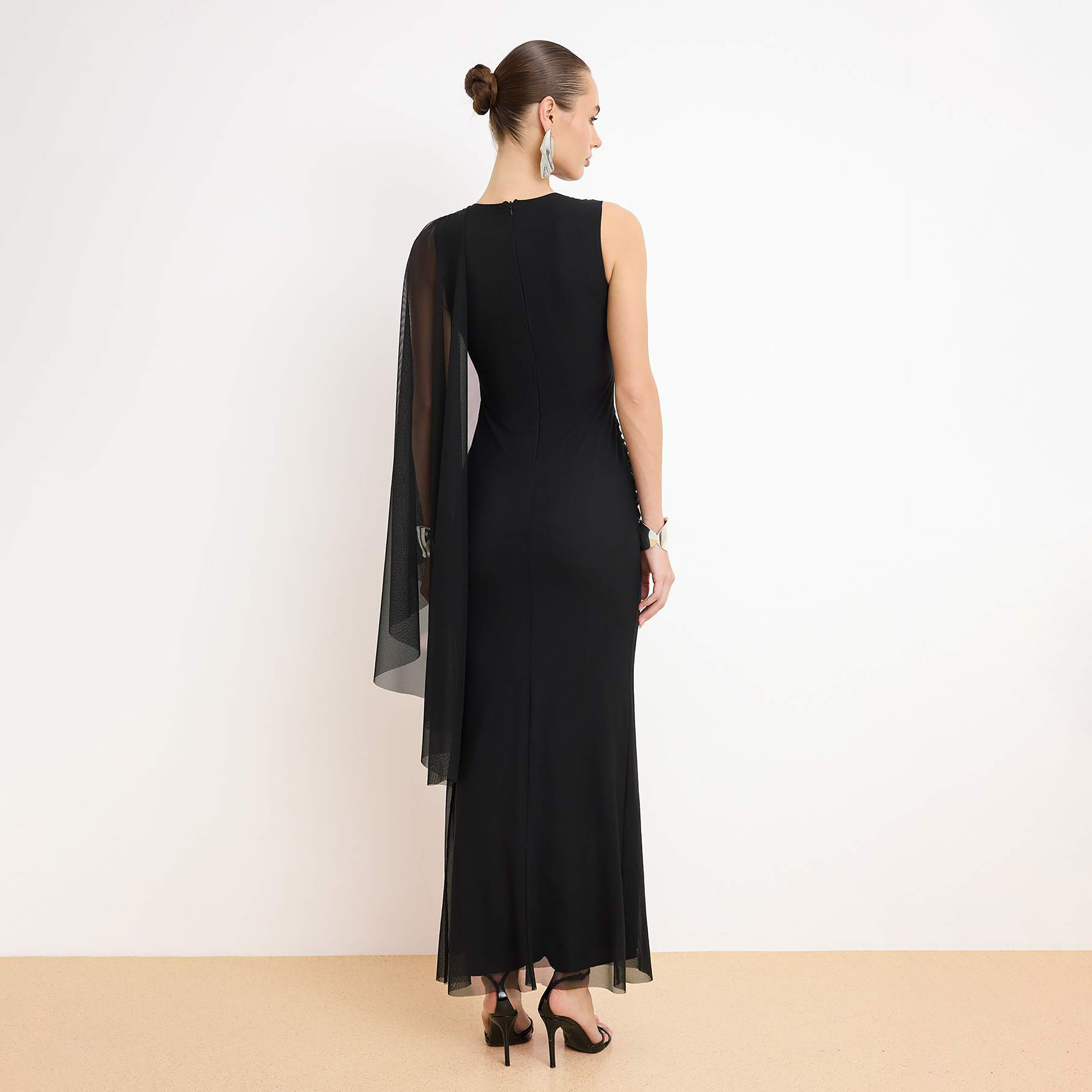 Ruched Tulle Sheer Cape Column Evening Women's Maxi Dress-women-clothing-dresses-image-3