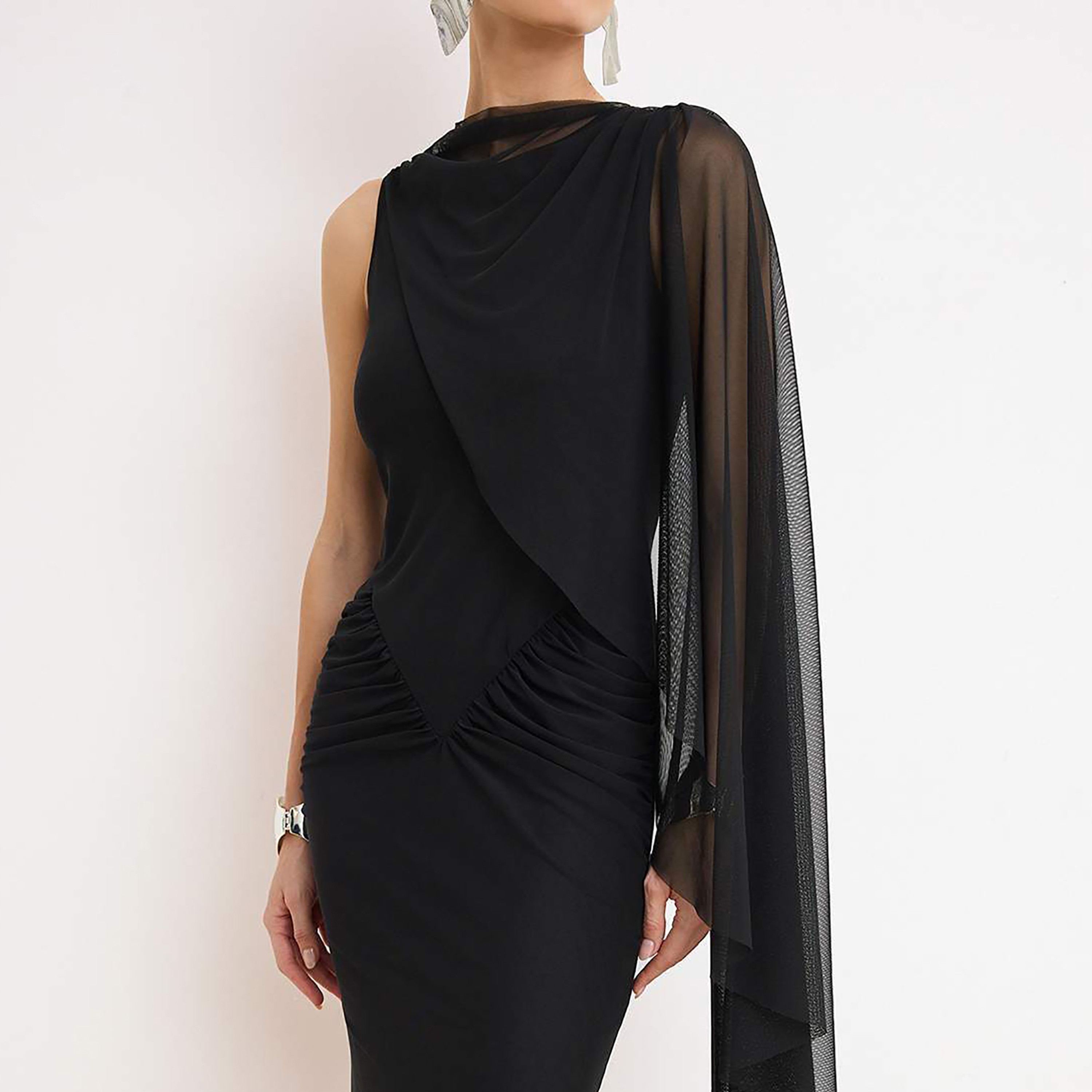 Ruched Tulle Sheer Cape Column Evening Women's Maxi Dress-women-clothing-dresses-image-4