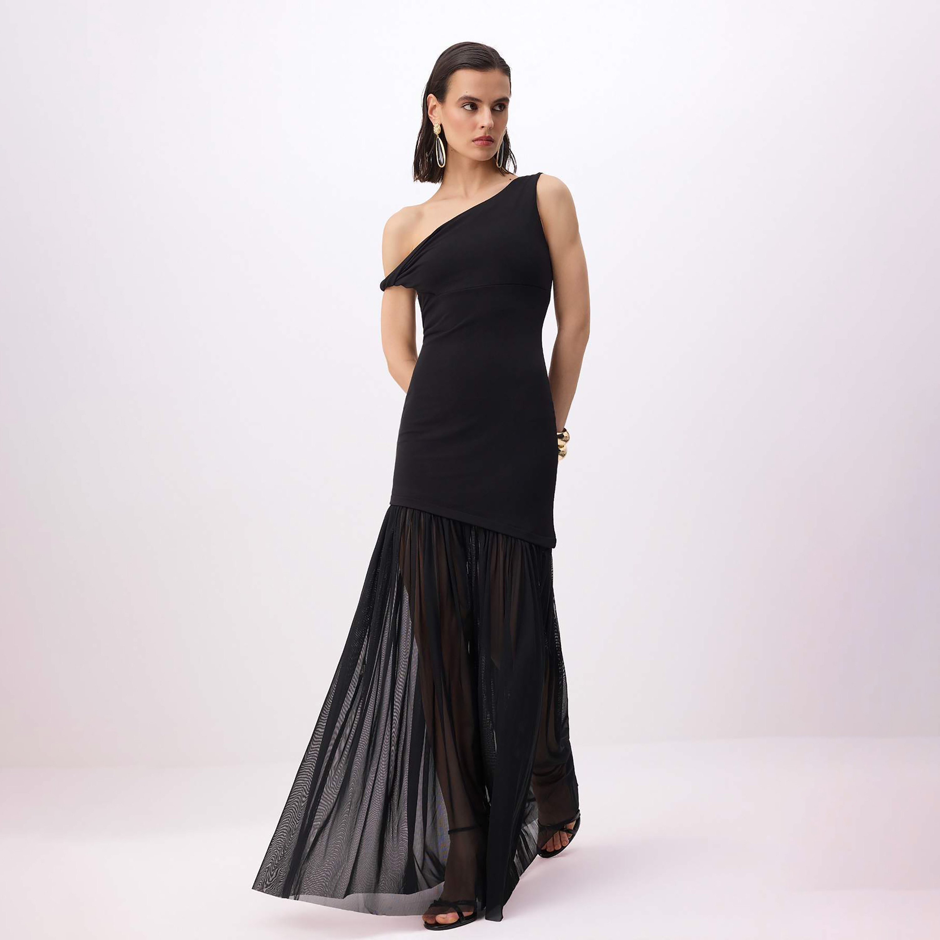 Black Sheer Panelled Tulle One-Shoulder Drop-Waist Evening Women's Maxi Dress-women-clothing-dresses-image-1