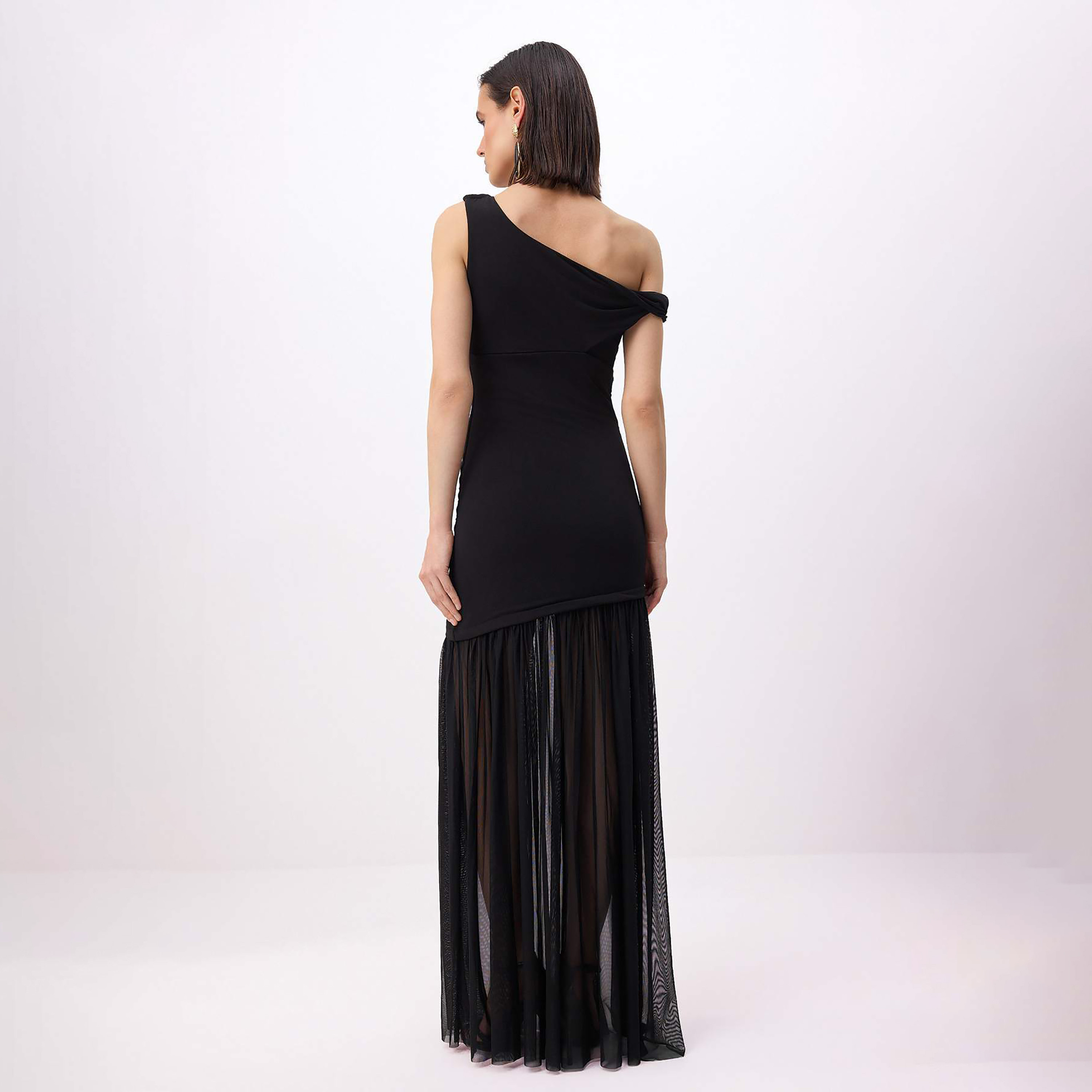 Black Sheer Panelled Tulle One-Shoulder Drop-Waist Evening Women's Maxi Dress-women-clothing-dresses-image-3