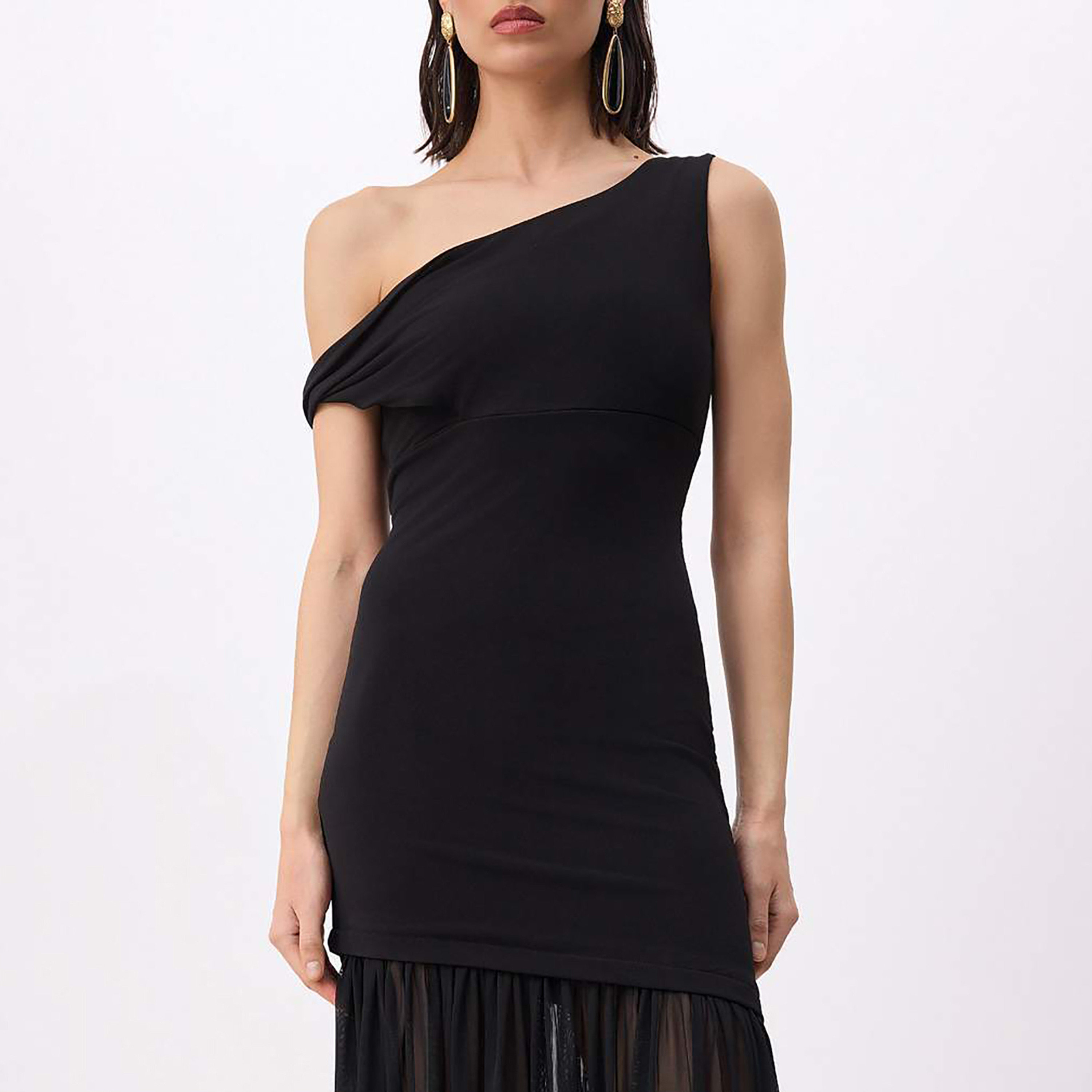 Black Sheer Panelled Tulle One-Shoulder Drop-Waist Evening Women's Maxi Dress-women-clothing-dresses-image-4