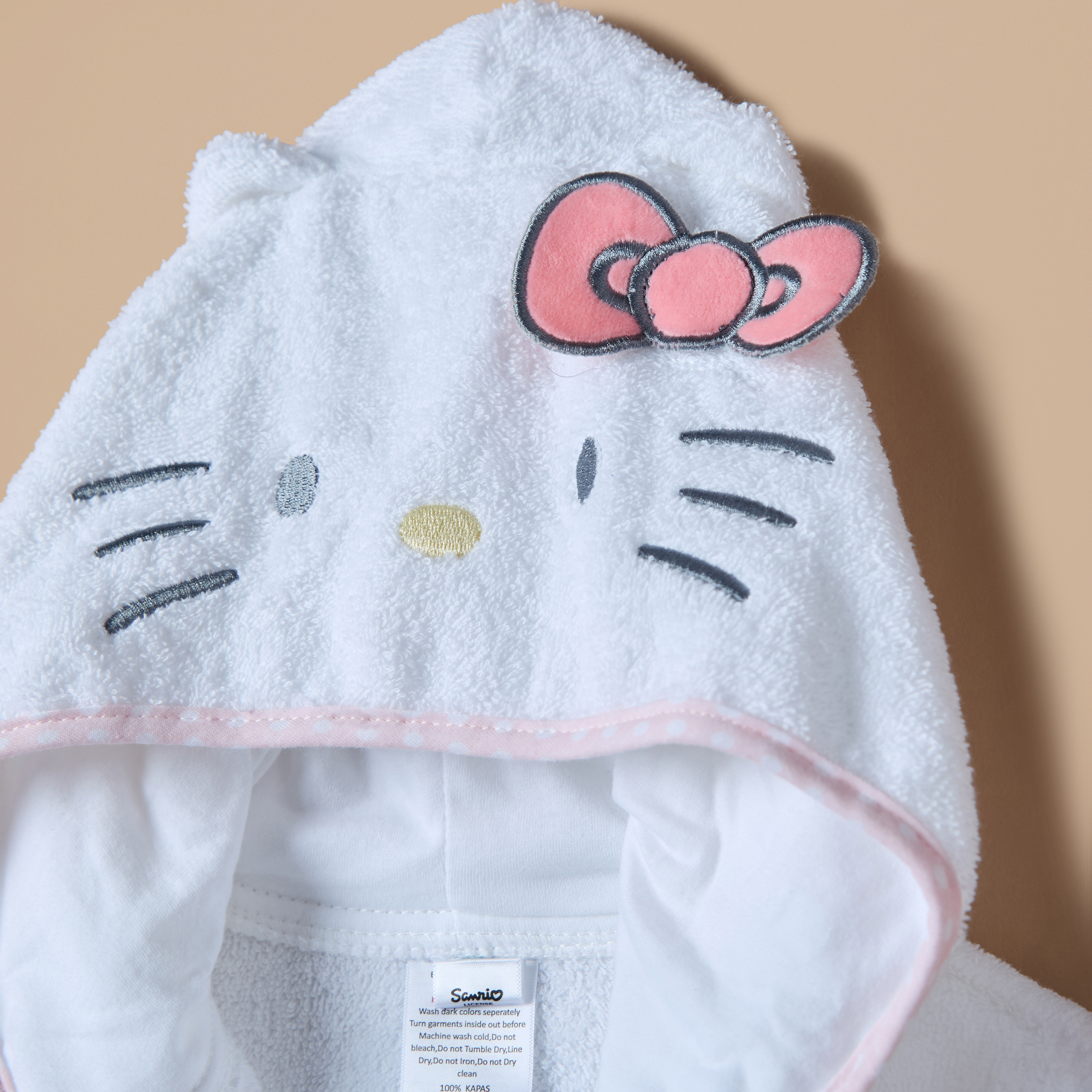 Hello Kitty Applique Detail Hooded Bathrobe with Belt Tie-Up-baby-bathandcare-towels-image-2