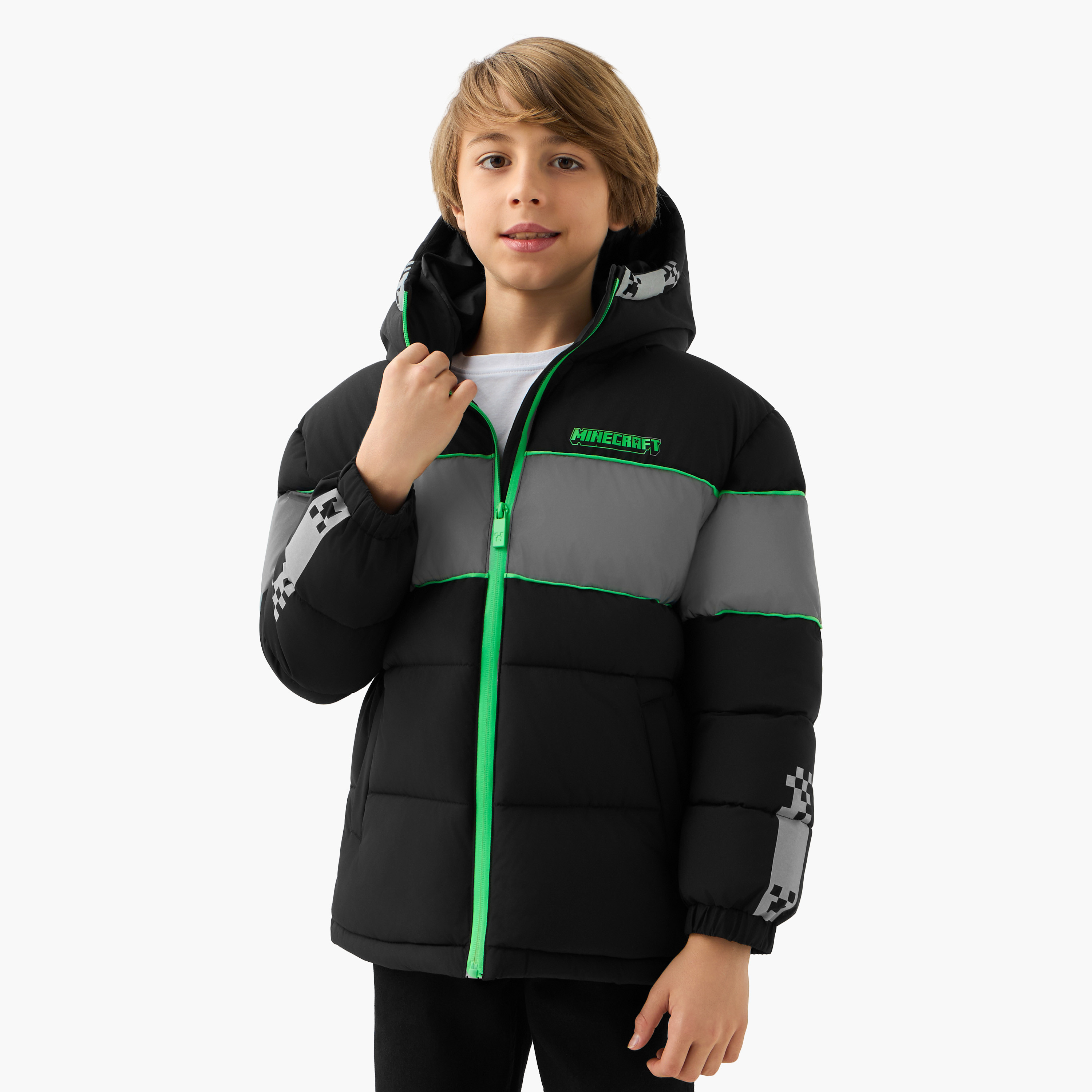 Minecraft Panelled Zip Through Hooded Puffer Jacket with Long Sleeves-boys-clothing-jacketsandcoats-image-1