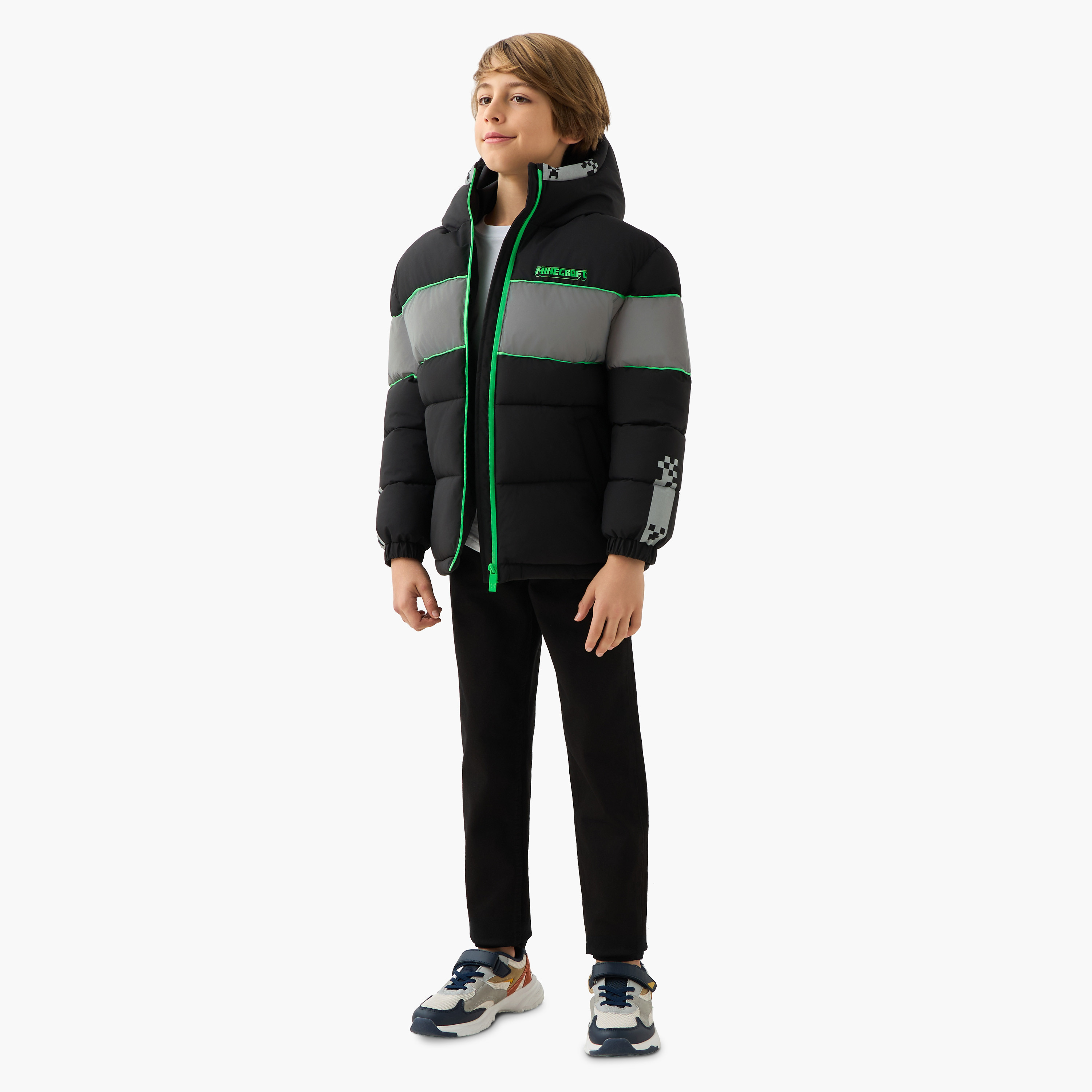 Minecraft Panelled Zip Through Hooded Puffer Jacket with Long Sleeves-boys-clothing-jacketsandcoats-image-2
