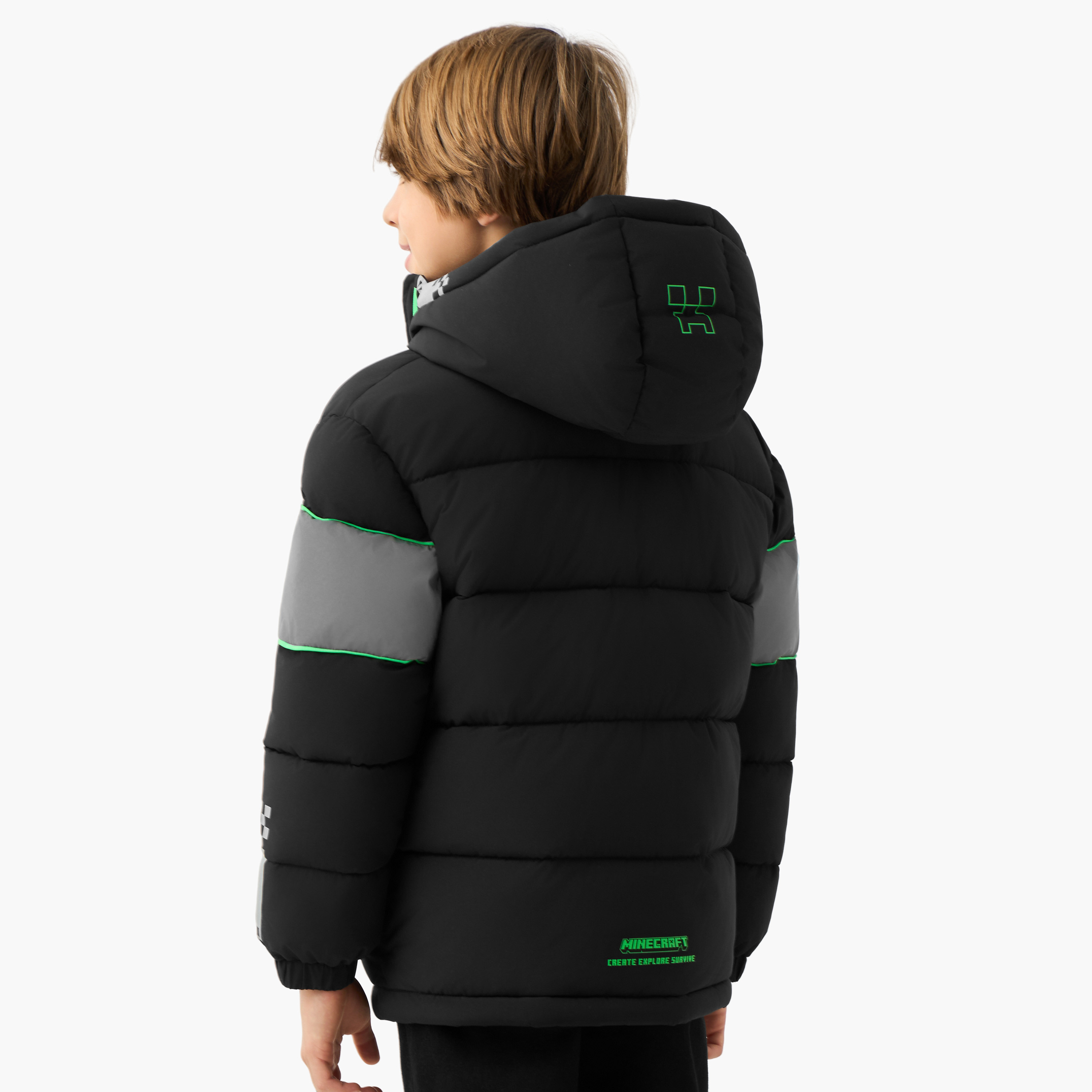 Minecraft Panelled Zip Through Hooded Puffer Jacket with Long Sleeves-boys-clothing-jacketsandcoats-image-3
