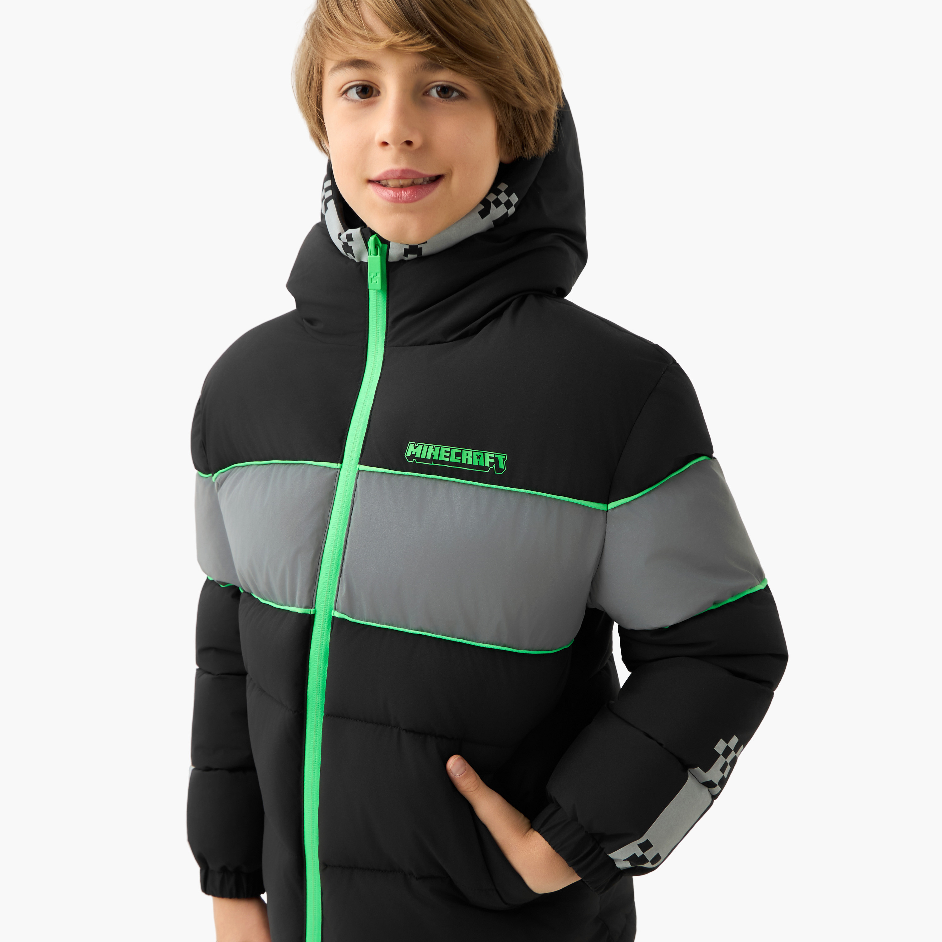 Minecraft Panelled Zip Through Hooded Puffer Jacket with Long Sleeves-boys-clothing-jacketsandcoats-image-4
