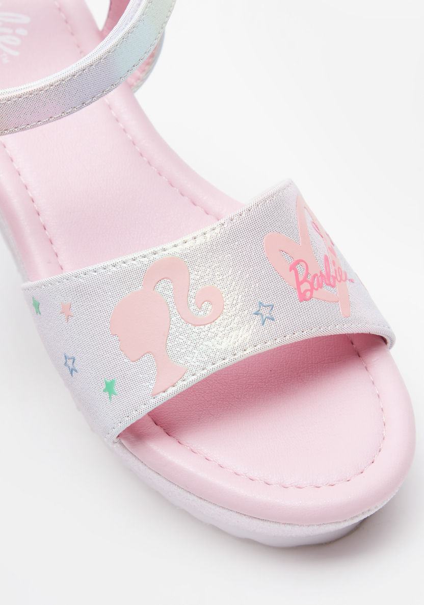 Barbie Print Flat Sandals with Hook and Loop Closure-Girl%27s Sandals-image-3