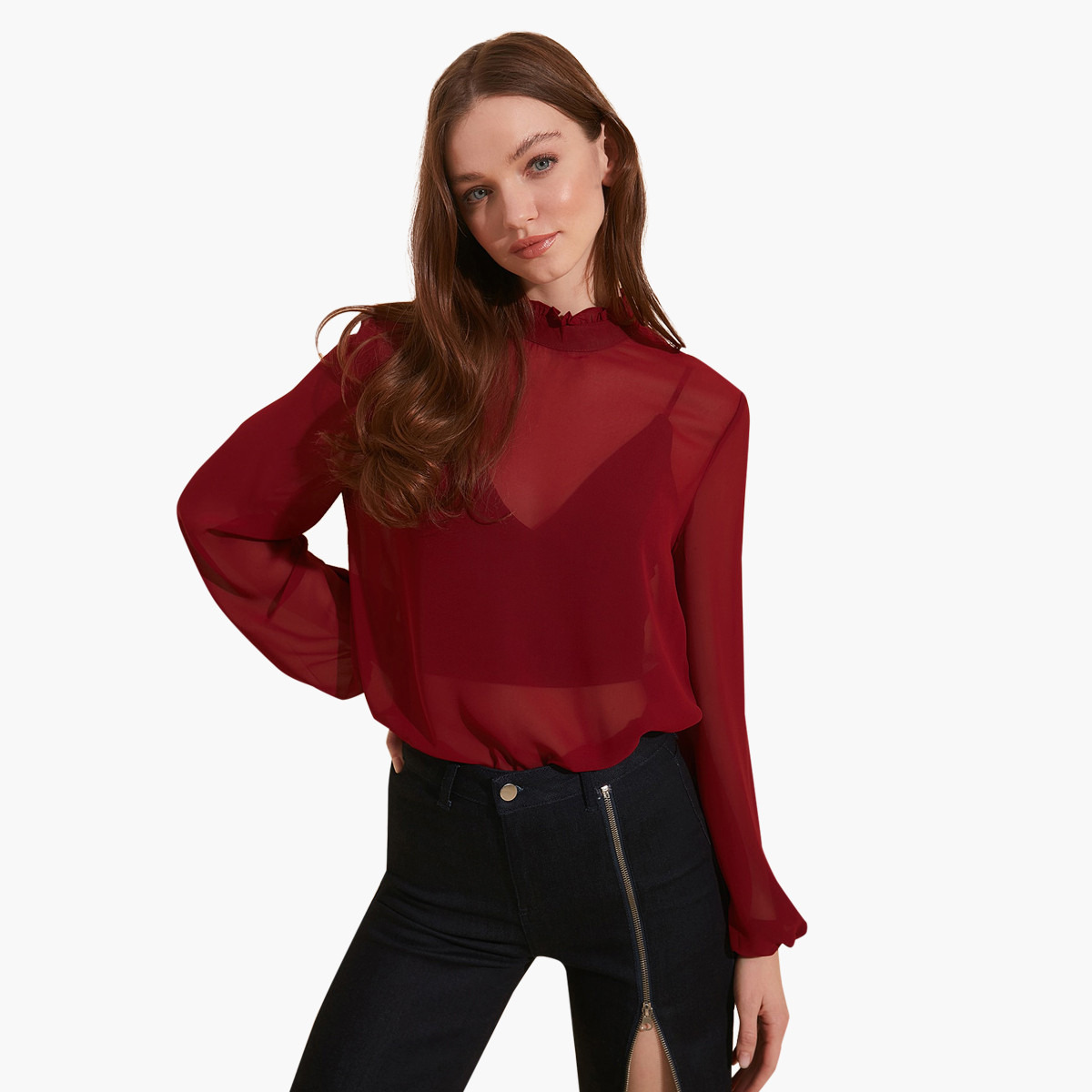 Trendyol High Neck Sheer Top with Long Sleeves-women-clothing-shirtsandblouses-blouses-image-1