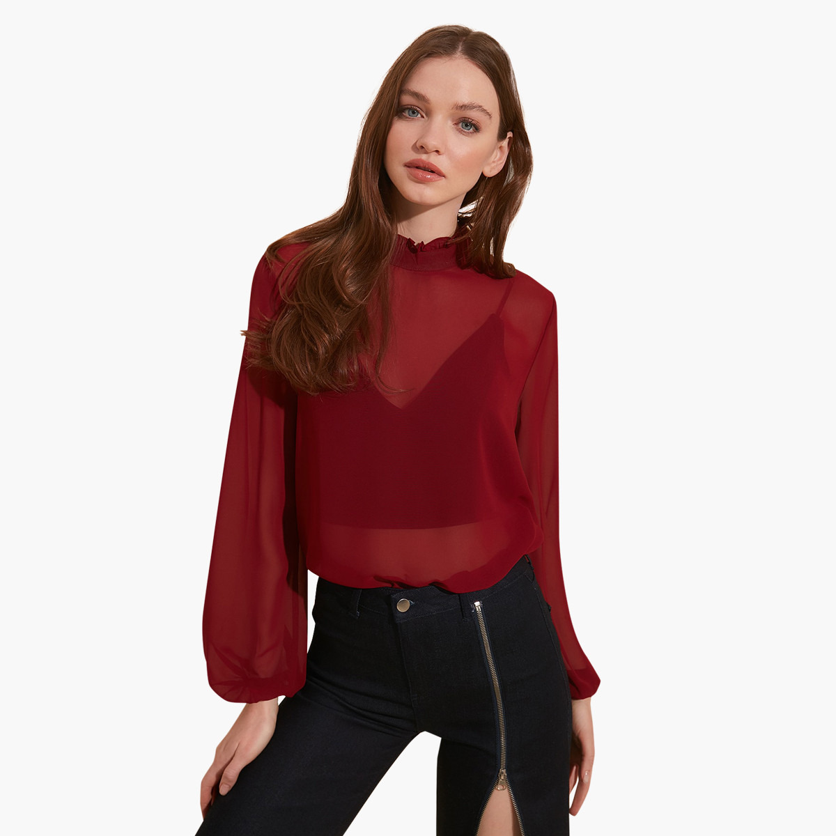 بلوزة شفافة بياقة عالية وأكمام طويلة من ترينديول-women-clothing-shirtsandblouses-blouses-image-2