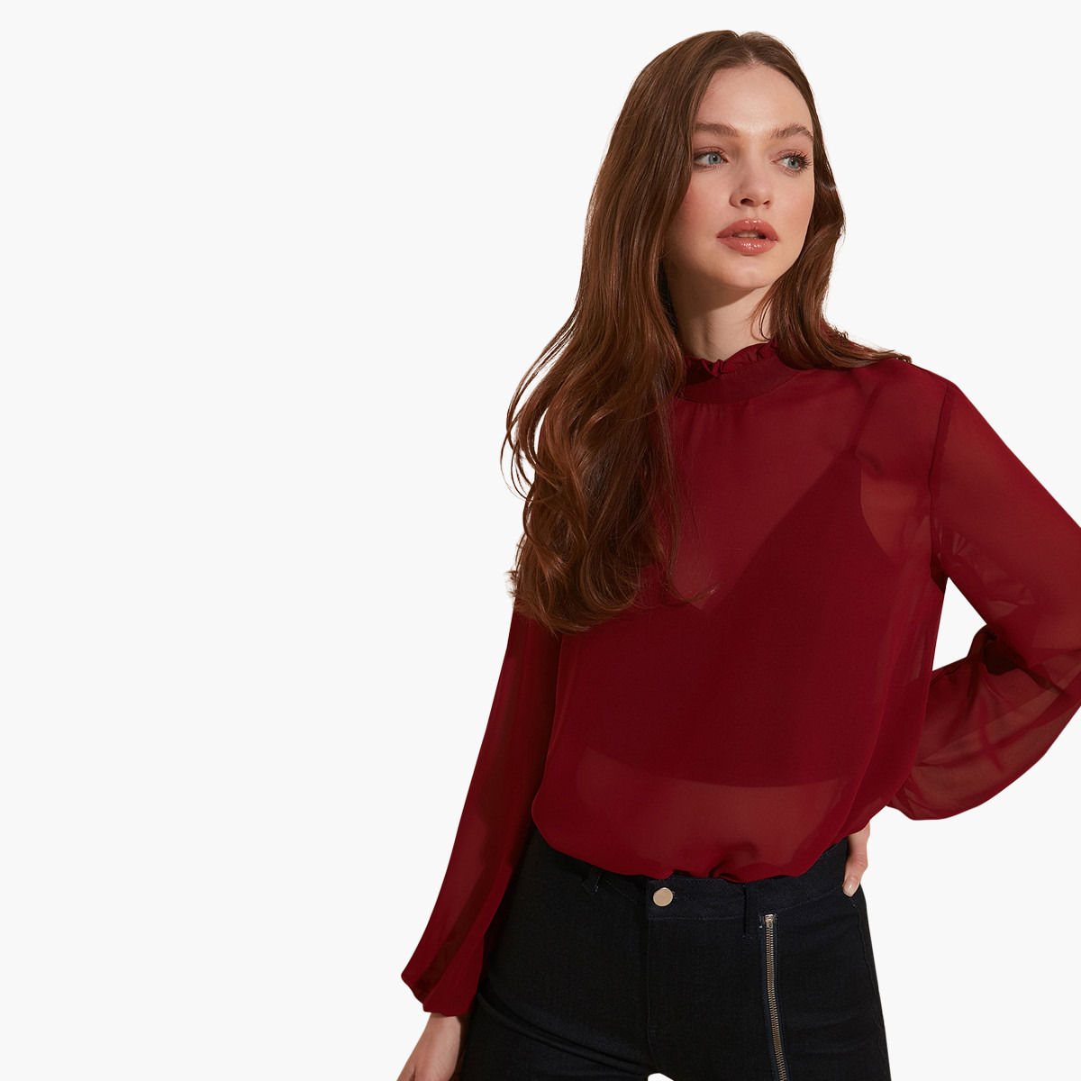 بلوزة شفافة بياقة عالية وأكمام طويلة من ترينديول-women-clothing-shirtsandblouses-blouses-image-3