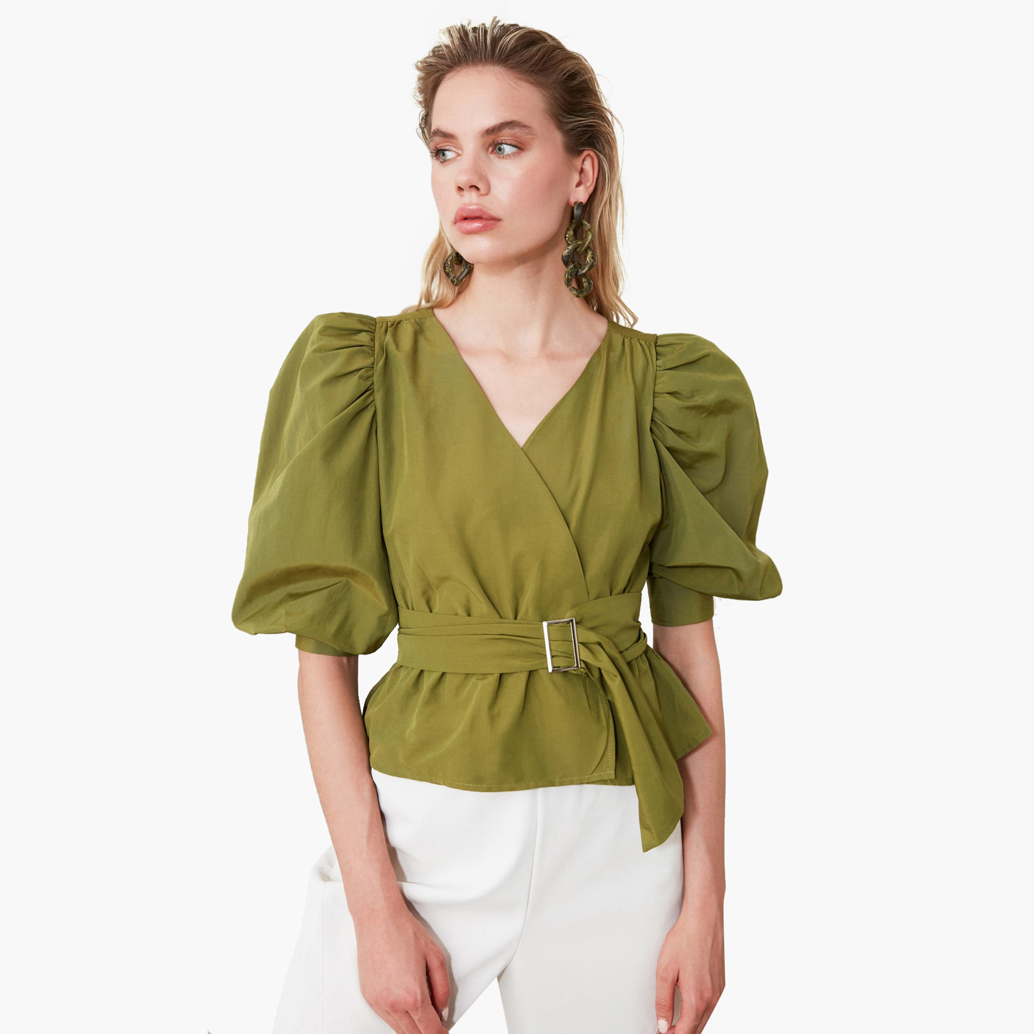 Trendyol Solid V-Neck Top with 3/4 Sleeves-women-clothing-shirtsandblouses-blouses-image-1