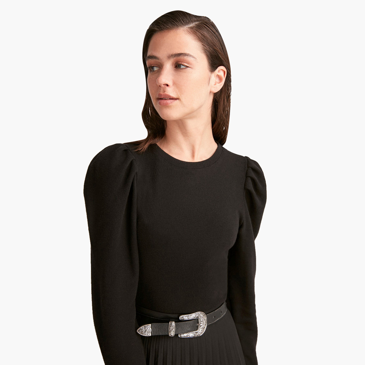 Trendyol Solid Crew Neck Blouse with Long Puffed Sleeves-women-clothing-shirtsandblouses-blouses-image-1