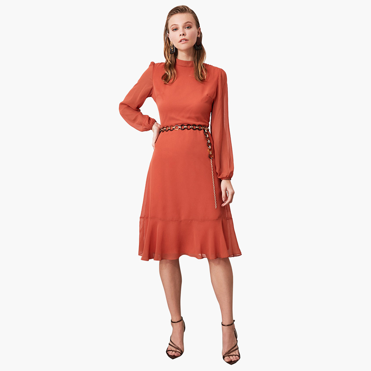 Trendyol High Neck Midi A-line Dress with Ruffle Detail-women-clothing-dresses-image-1