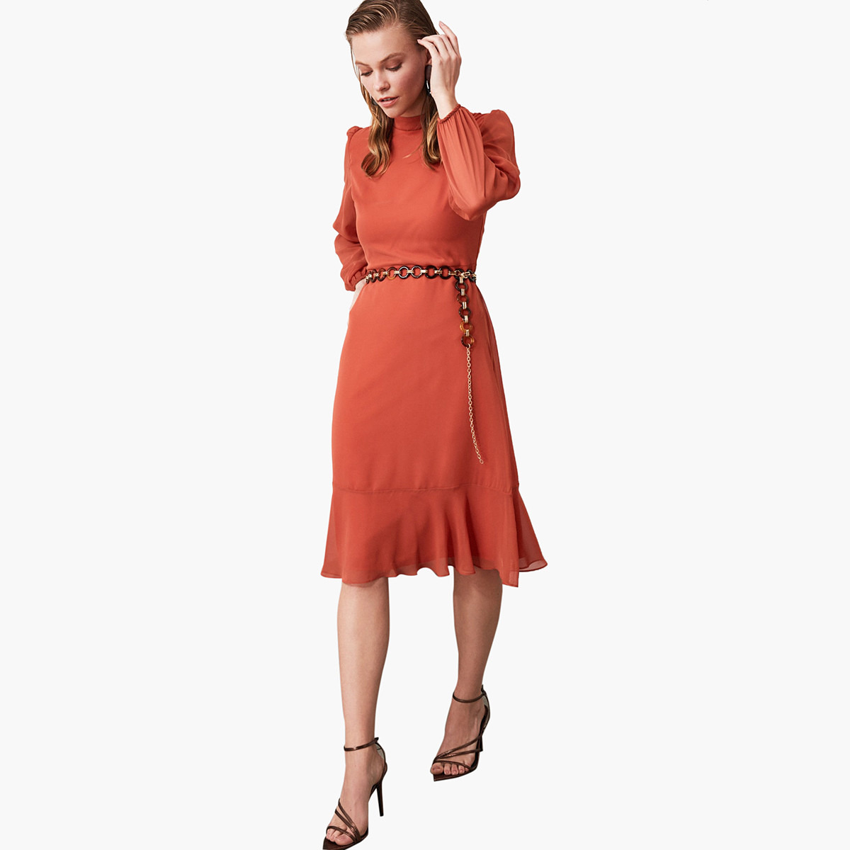 Trendyol High Neck Midi A-line Dress with Ruffle Detail-women-clothing-dresses-image-2