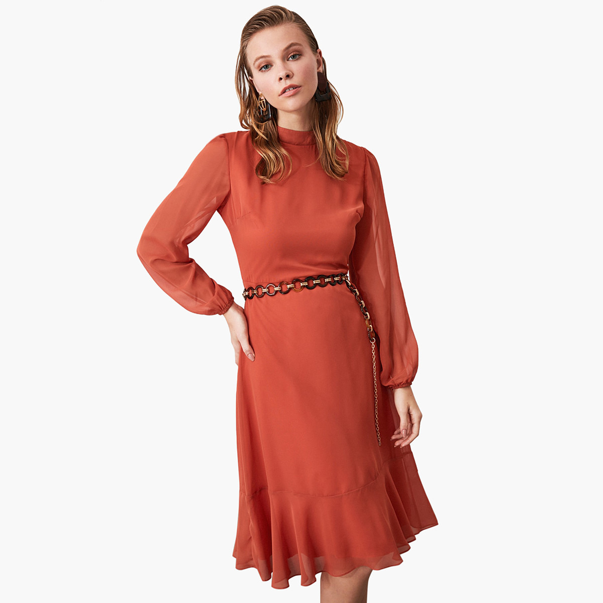 Trendyol High Neck Midi A-line Dress with Ruffle Detail-women-clothing-dresses-image-3