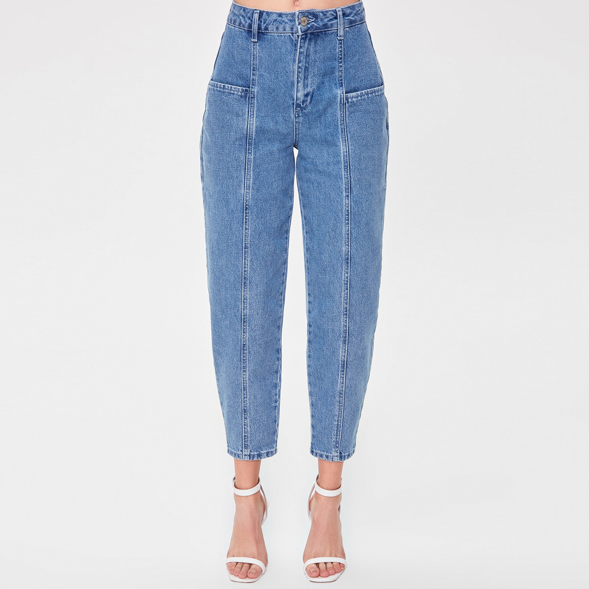 بنطلون جينز بخصر مرتفع بارز الملمس وتفاصيل جيوب من ترينديول-women-clothing-bottoms-jeans-image-1