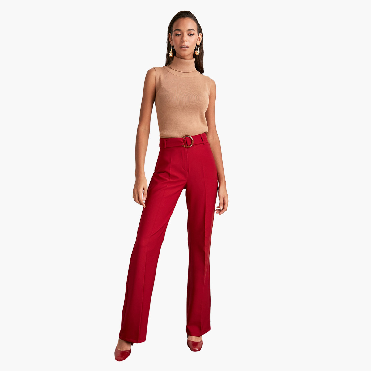 بنطلون سادة واسع بخصر متوسّط الارتفاع وحزام من ترينديول-women-clothing-bottoms-trousers-image-2
