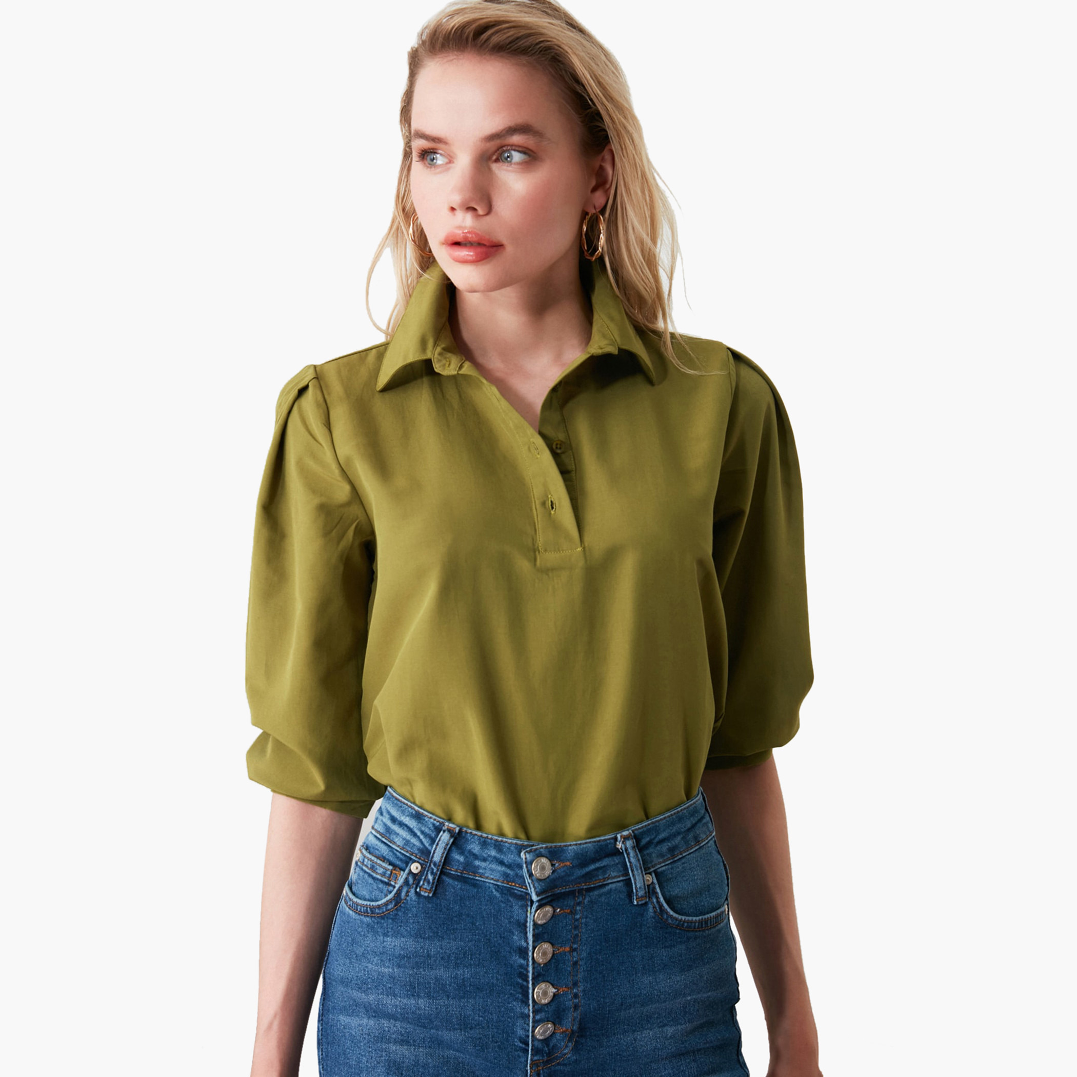 Trendyol Solid Collared Top with 3/4 Sleeves-women-clothing-shirtsandblouses-blouses-image-1