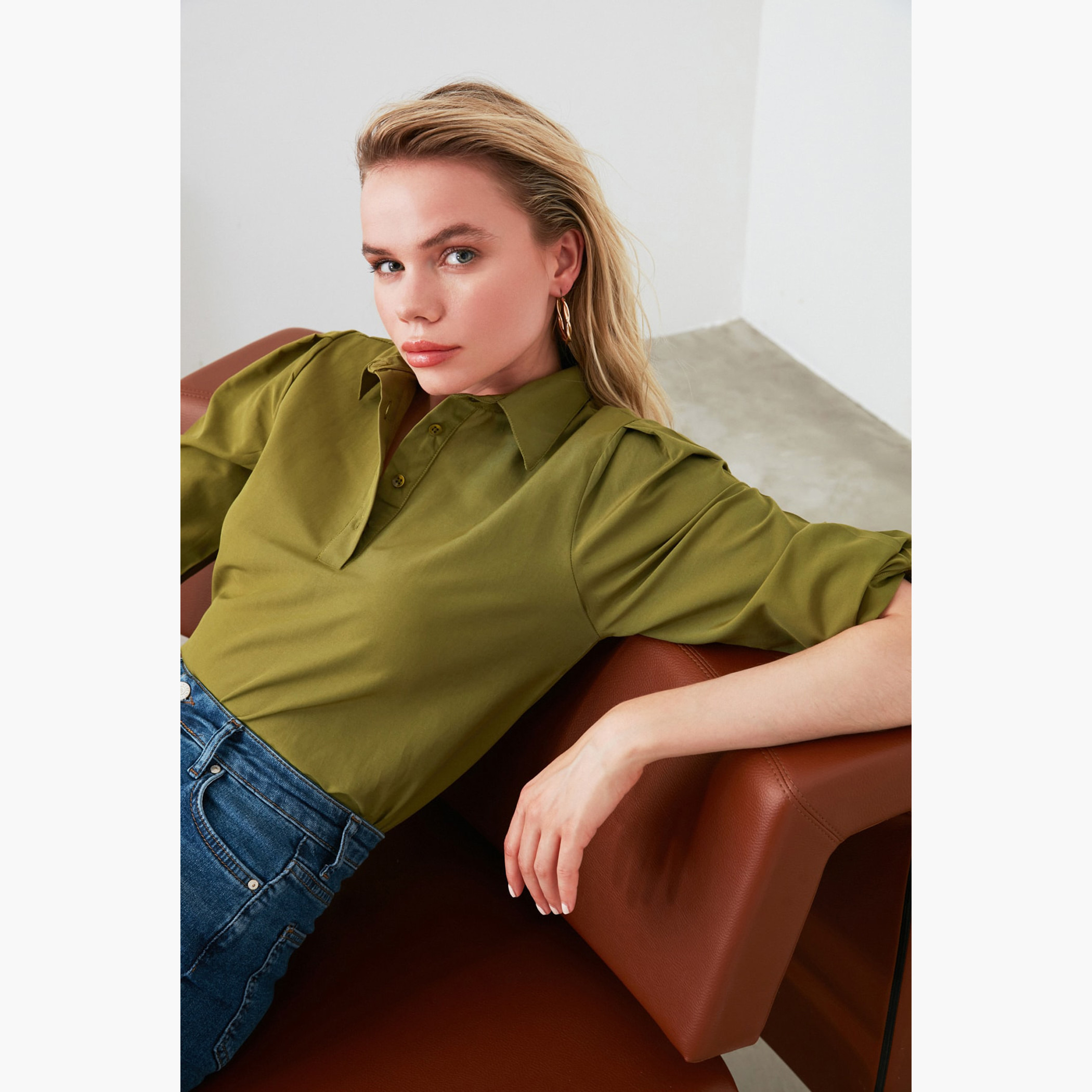 Trendyol Solid Collared Top with 3/4 Sleeves-women-clothing-shirtsandblouses-blouses-image-2