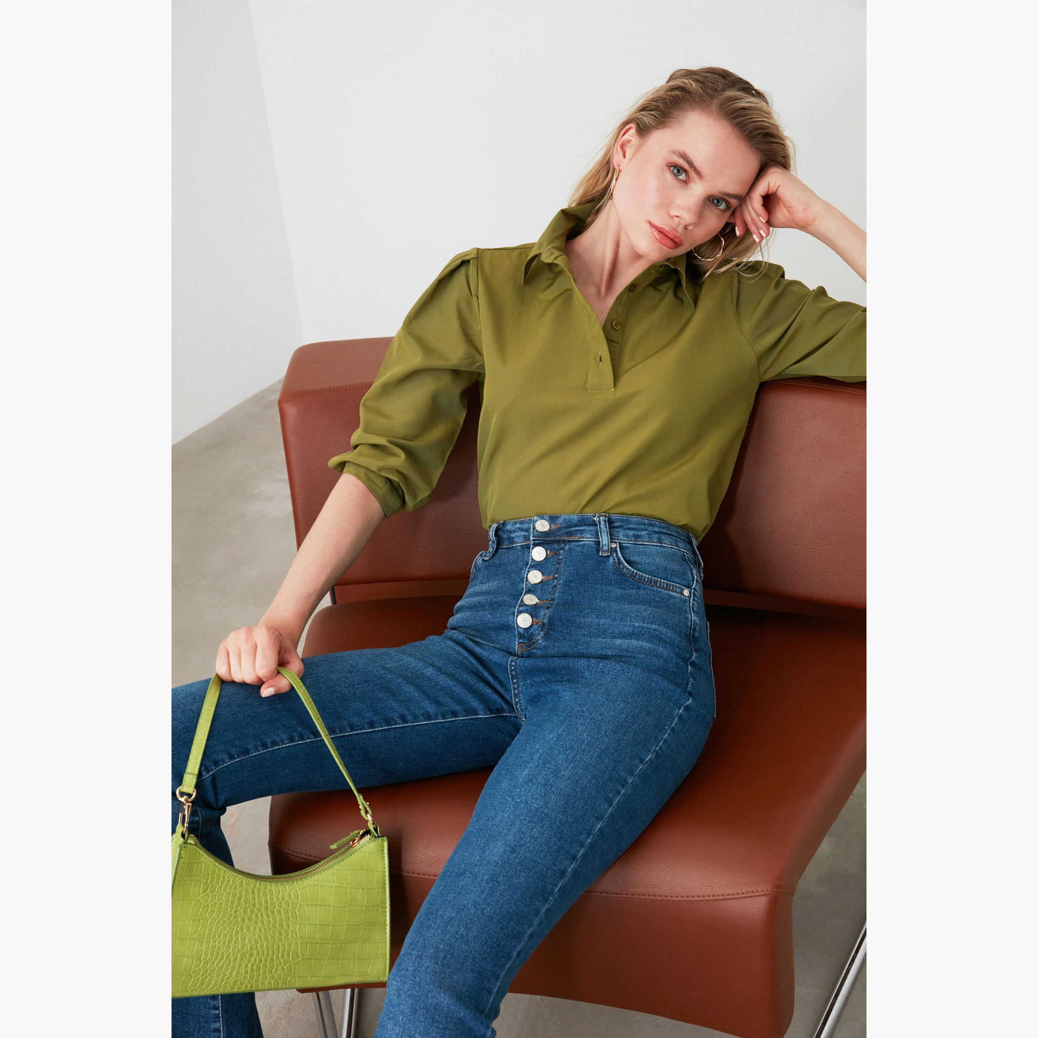Trendyol Solid Collared Top with 3/4 Sleeves-women-clothing-shirtsandblouses-blouses-image-3